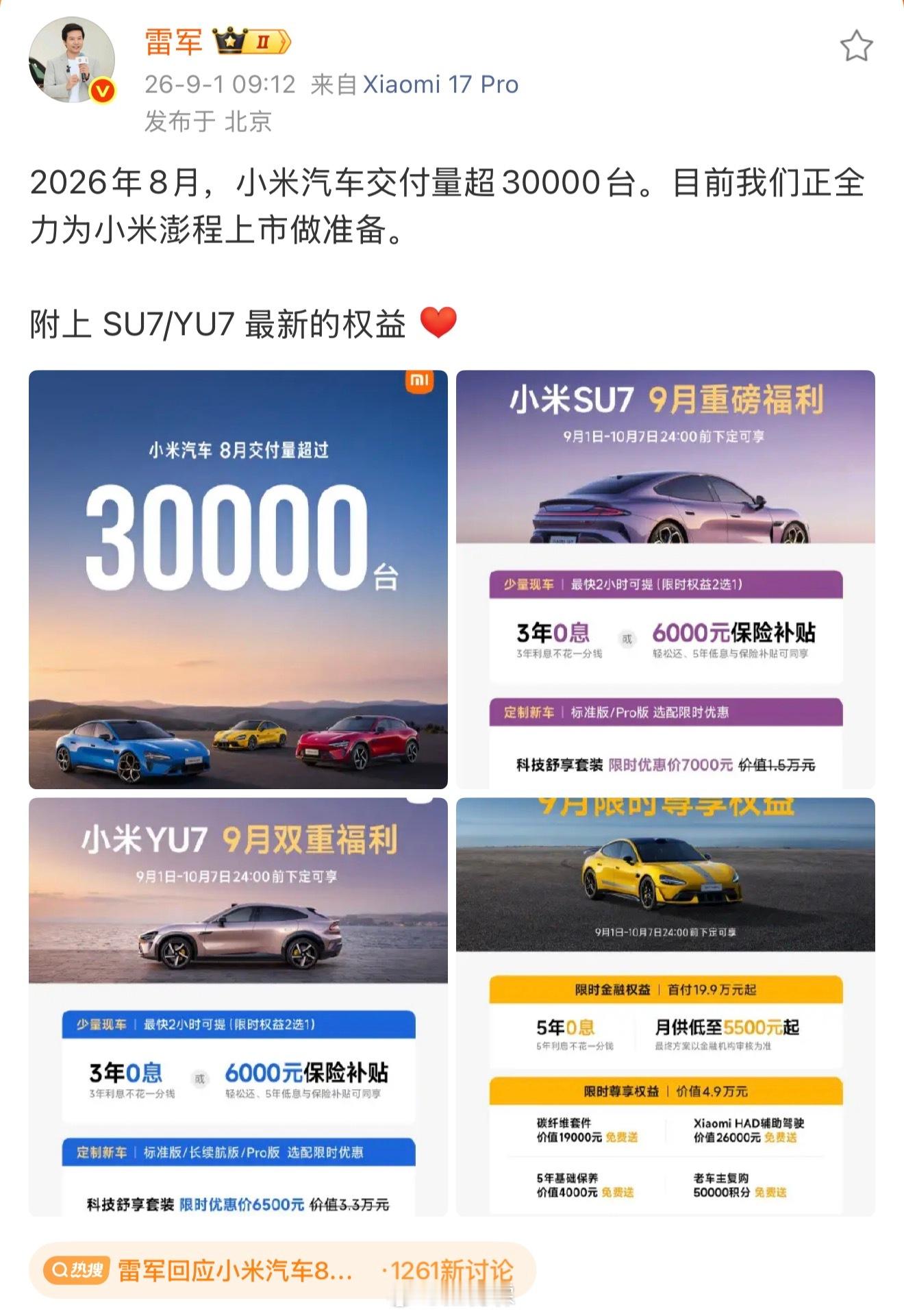 雷军回应小米汽车8月交付量小米汽车8月又交了3万多台，而且已经连续5个月站在3万