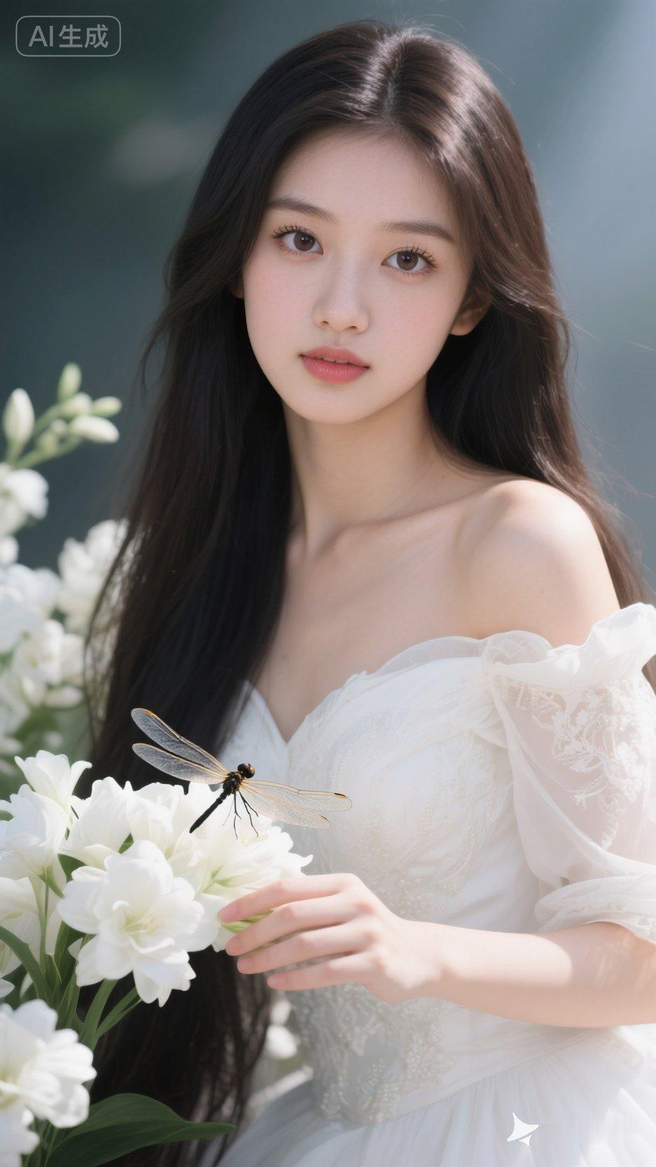 梦幻少女与蜻蜓的邂逅，唯美花海中的清新时刻。