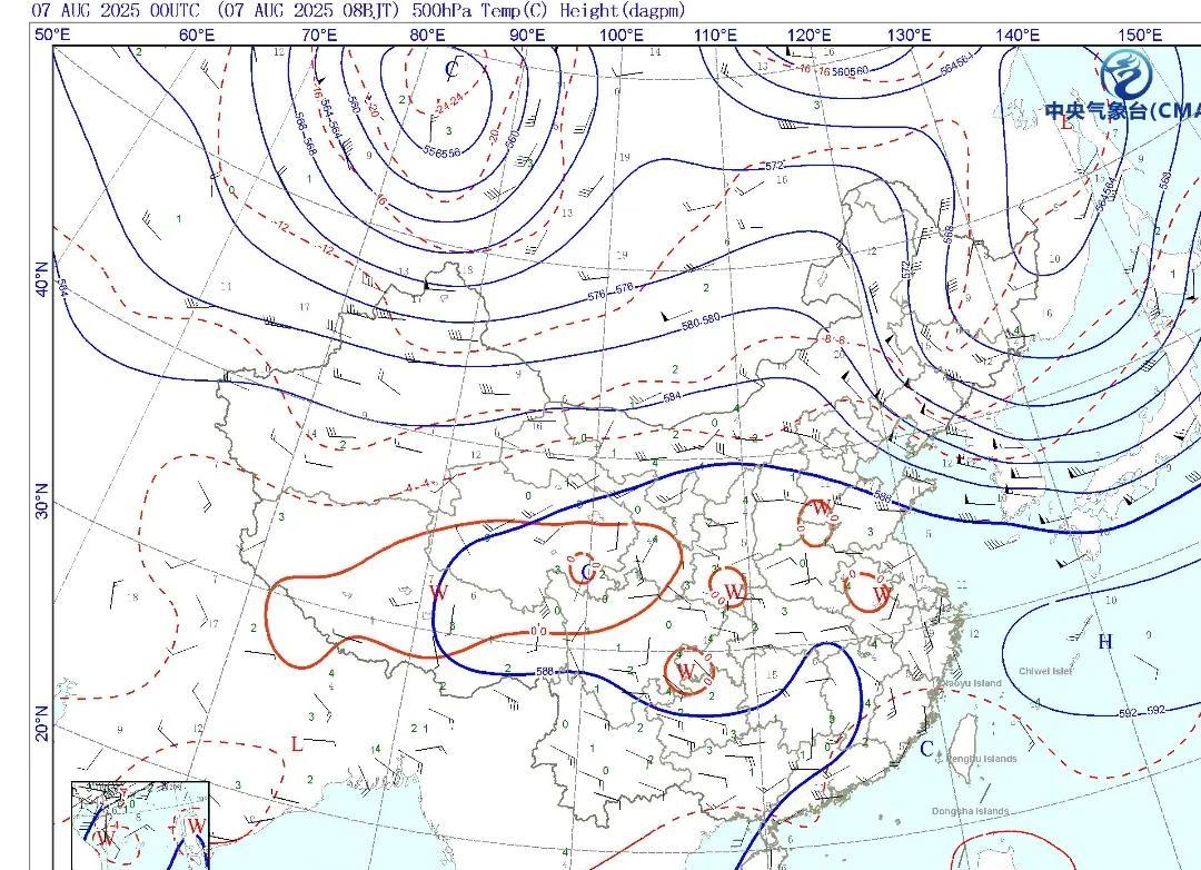 从今天的天气图实况来看，今天我国不光是有副热带高压的影响，而且在西藏、青海以及四