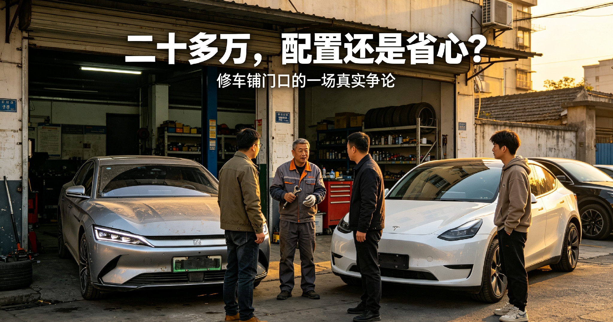 为什么依然有人买特斯拉不买比亚迪昨天修车铺门口又热闹了。一辆汉EV跟一辆ModelY并排停着，两个车