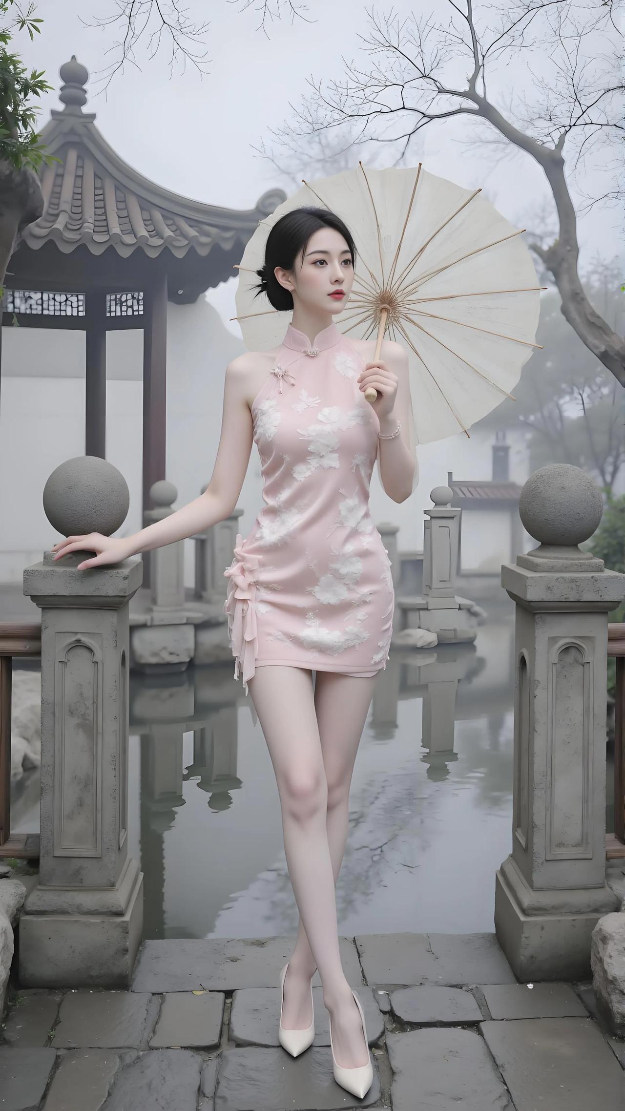 雾锁园林映粉裙，桥边持伞倚清芬。桥头粉黛含烟立，伞映娇容半入云。雾中移步