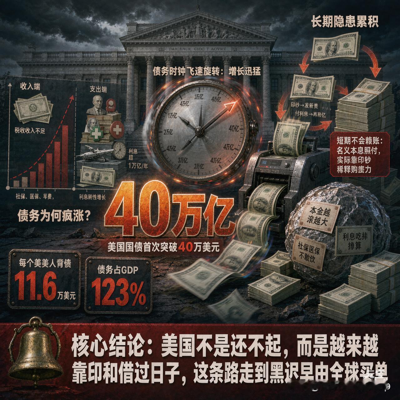 警报拉响！美债突破40万亿生死线：美国正在疯狂“透支”全球钱包，这三大隐患正在逼