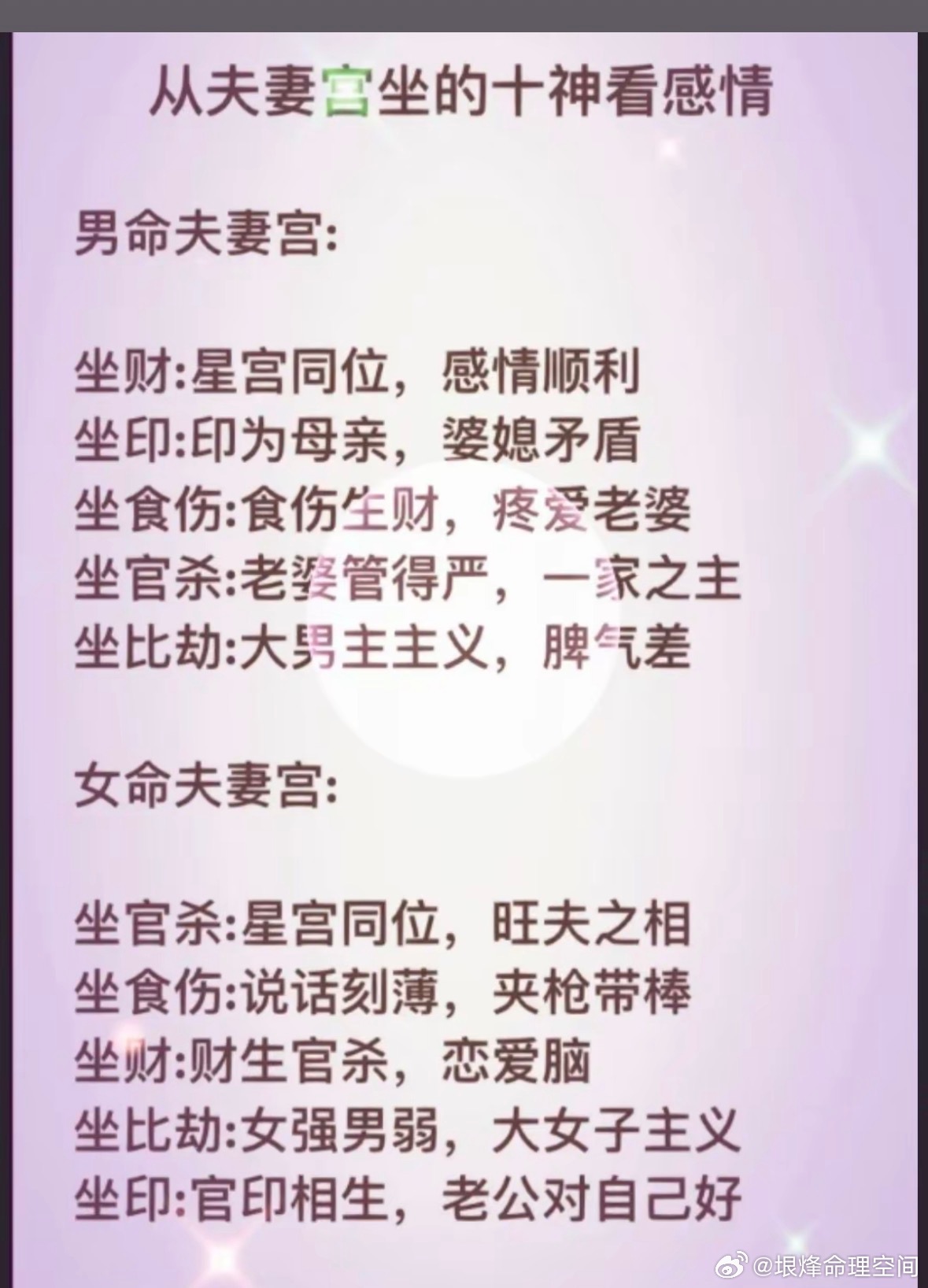 从夫妻宫坐的十神看感情男命夫妻宫：坐财：星宫同位，感情顺利坐印：印为母亲，婆媳矛