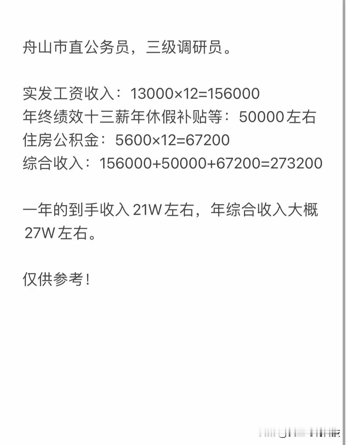 这是舟山市直公务员，三级调研员。实发工资收入：13000x12=156000