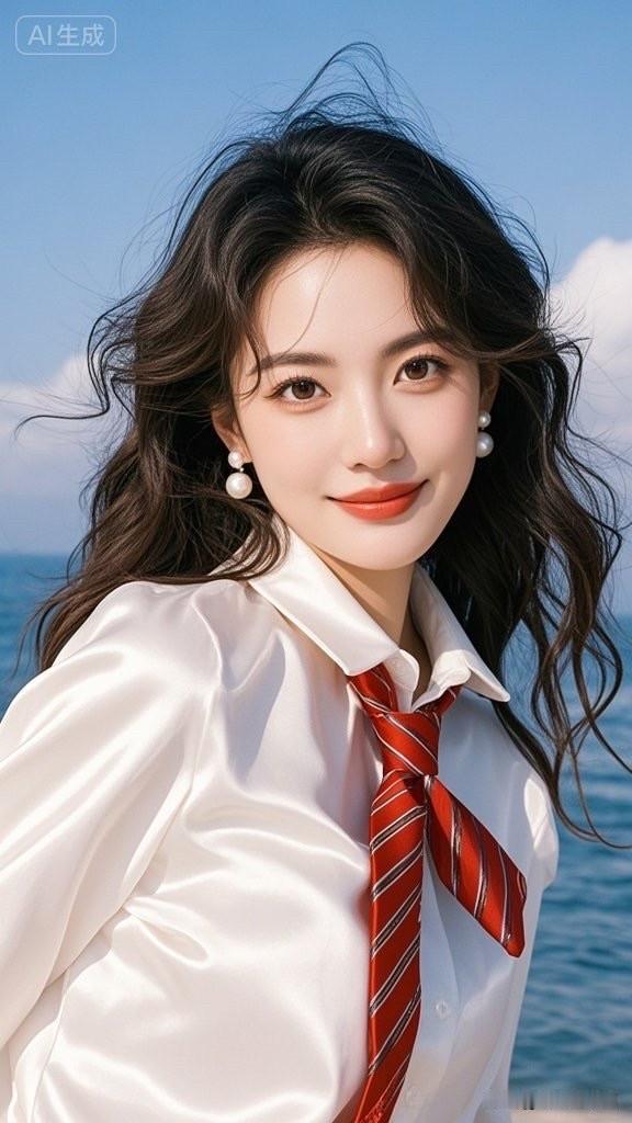 这位美女在海边笑得真开心！