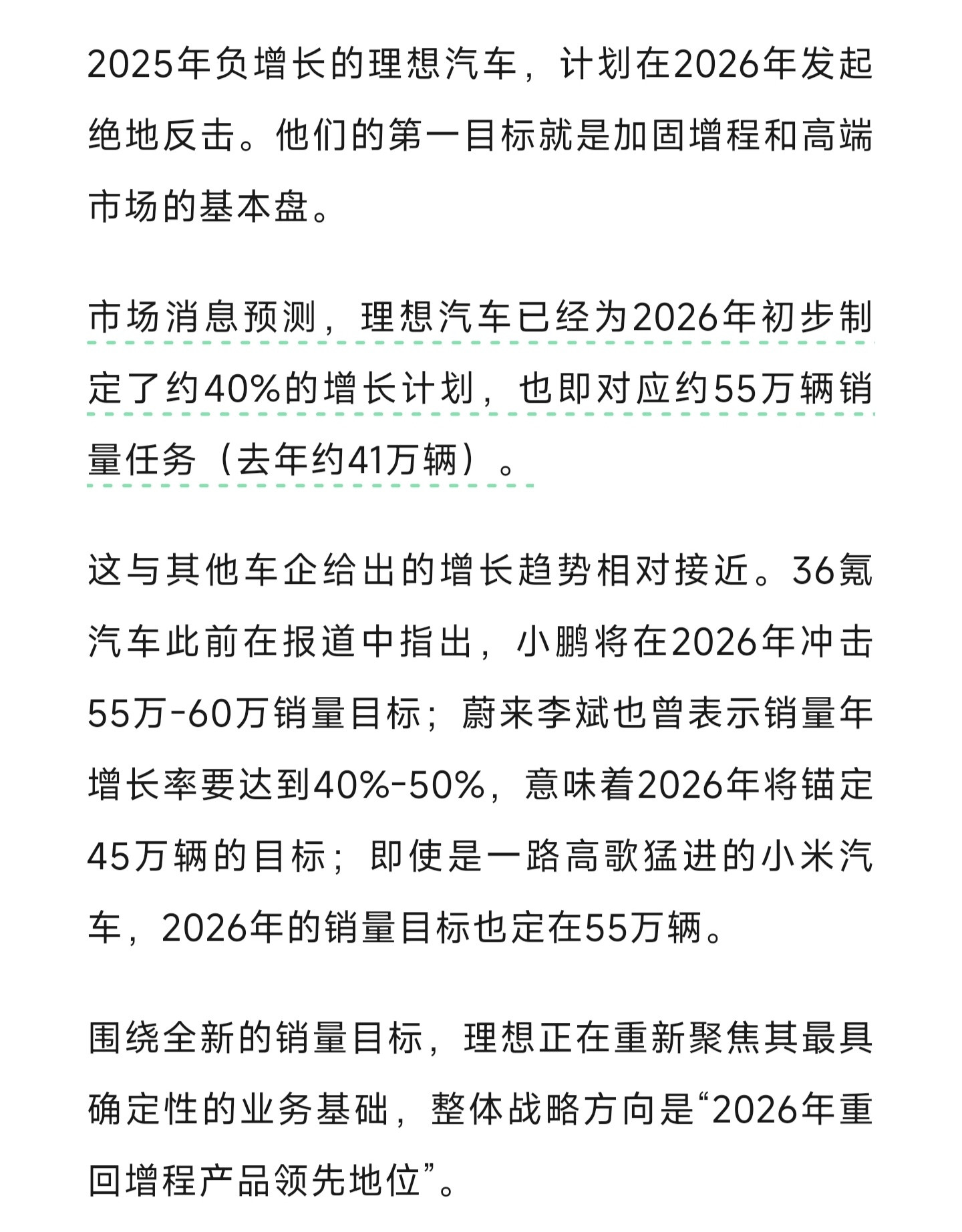 36氪汽车报道：理想为2026年初步制定了约40%的增长计划，对应55万销量。L