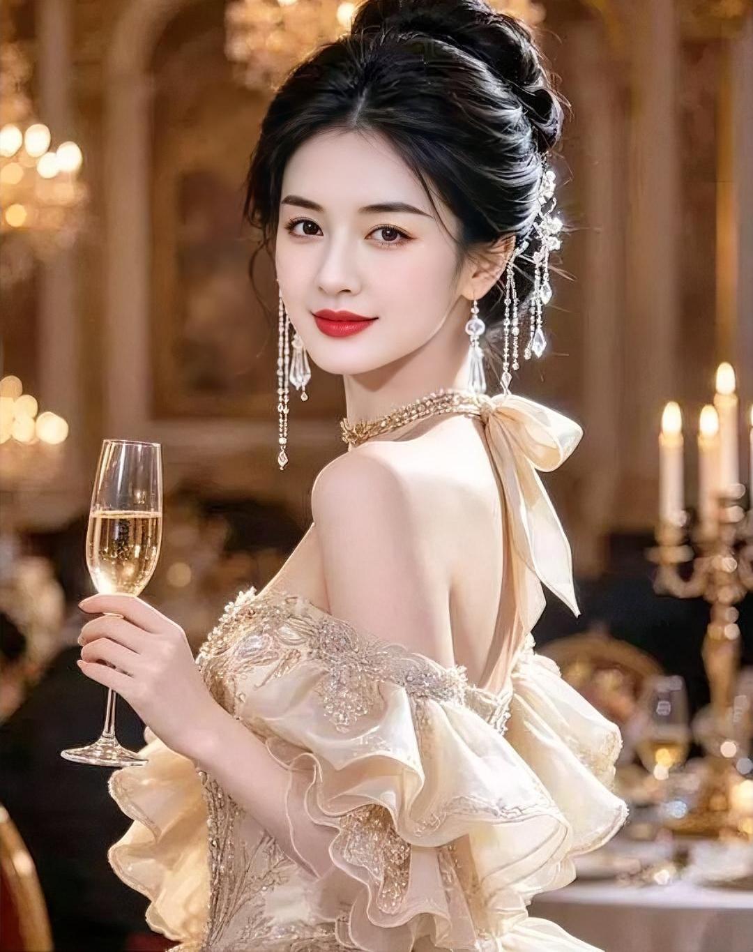 灯影摇金，裙摆轻扬，珍珠串起温柔时光。高脚杯里盛着浅笑，发间流苏轻轻