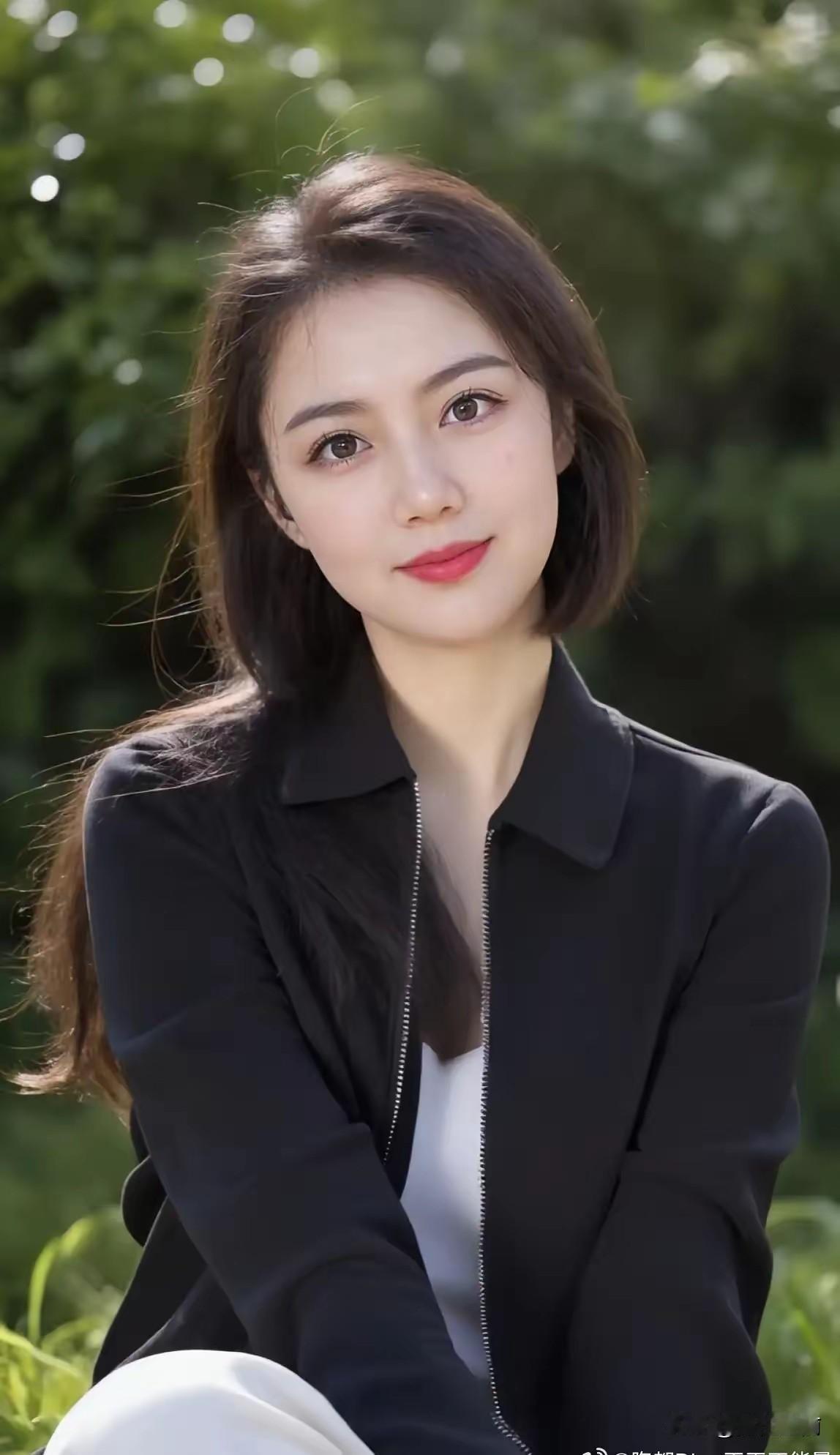 阳光下的温柔微笑，黑西装与白裙的完美搭配，尽显优雅气质。