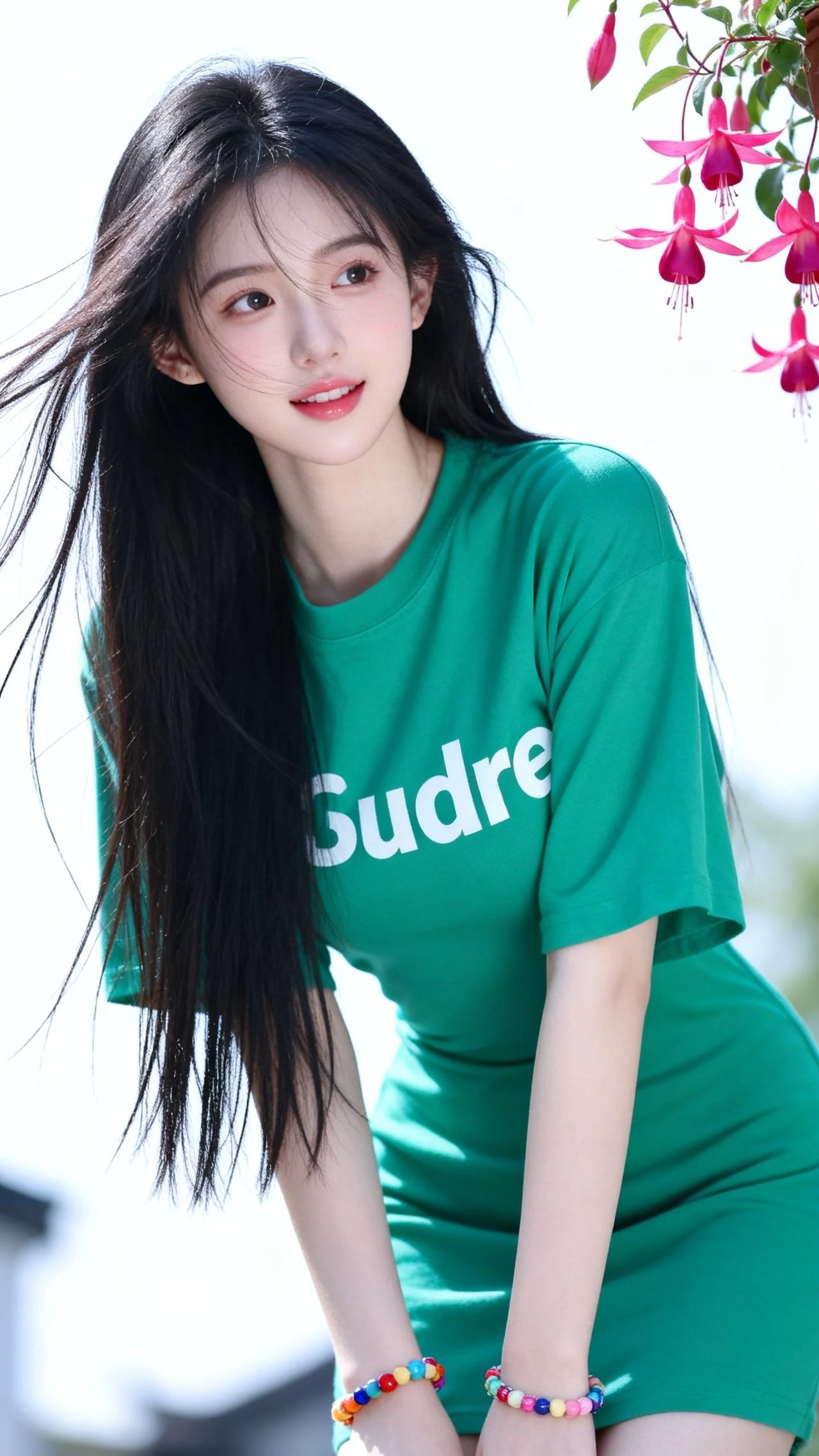 绿衣美人倚，花影映芳姿。绿裙美人