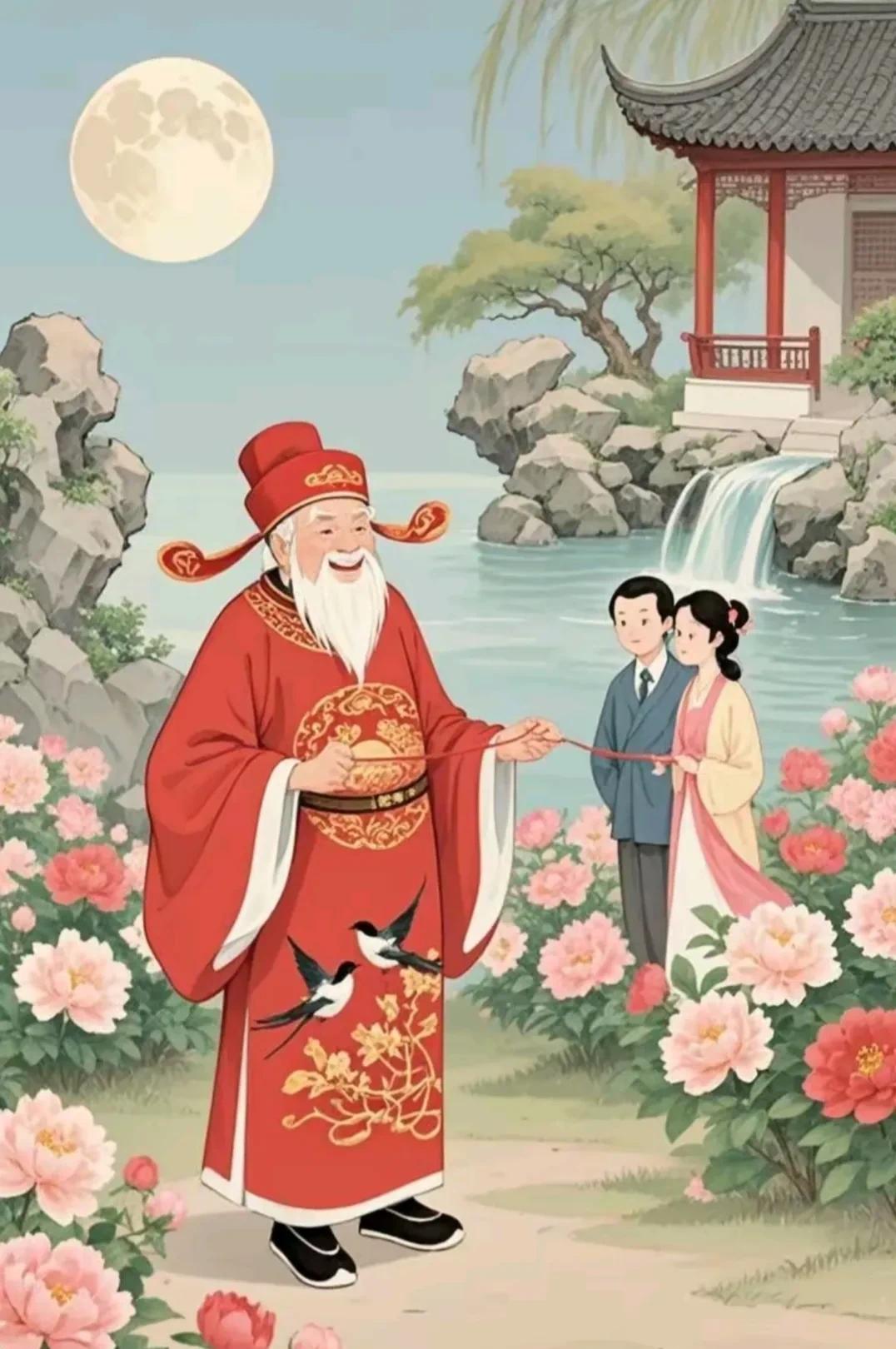 月老座前红线绕，你家儿郎姻缘到！看那佳人意相通，眼波流转尽温柔，分明是天公笔下双