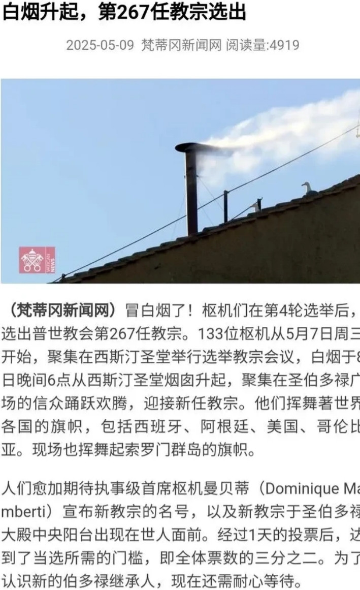 终于冒白烟了！天主教的枢机们在第4轮选举后，来自美国的枢机主教罗伯特·普雷沃斯
