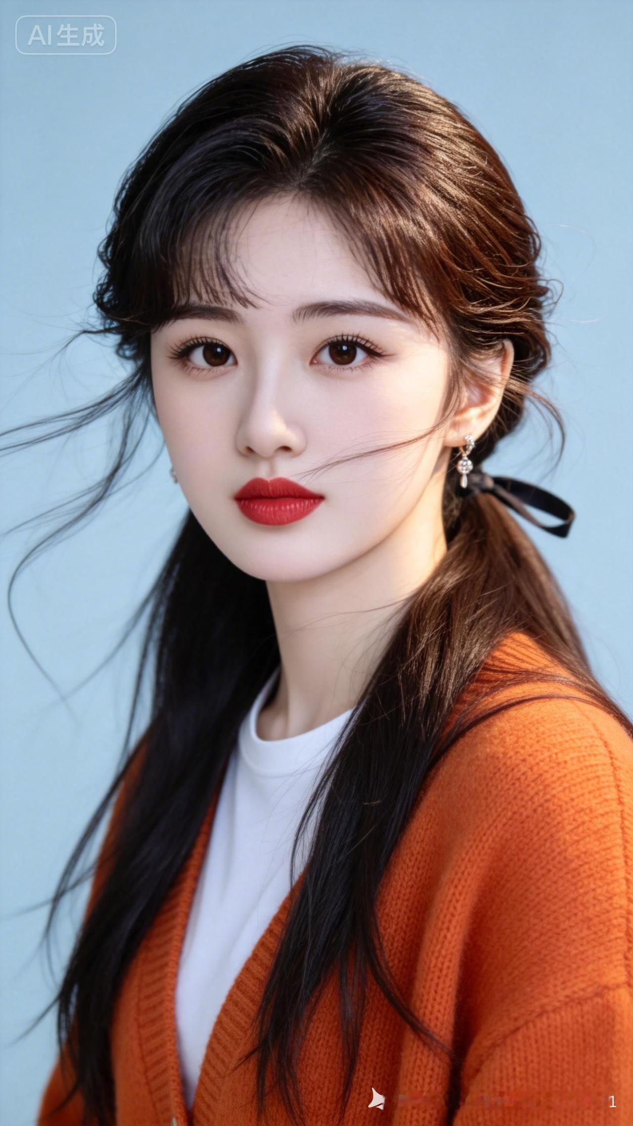 江南美女深栗棕长发拂面，冷白陶瓷肌，尖下巴网感五官，橙针织开衫搭白T，随机俏皮姿