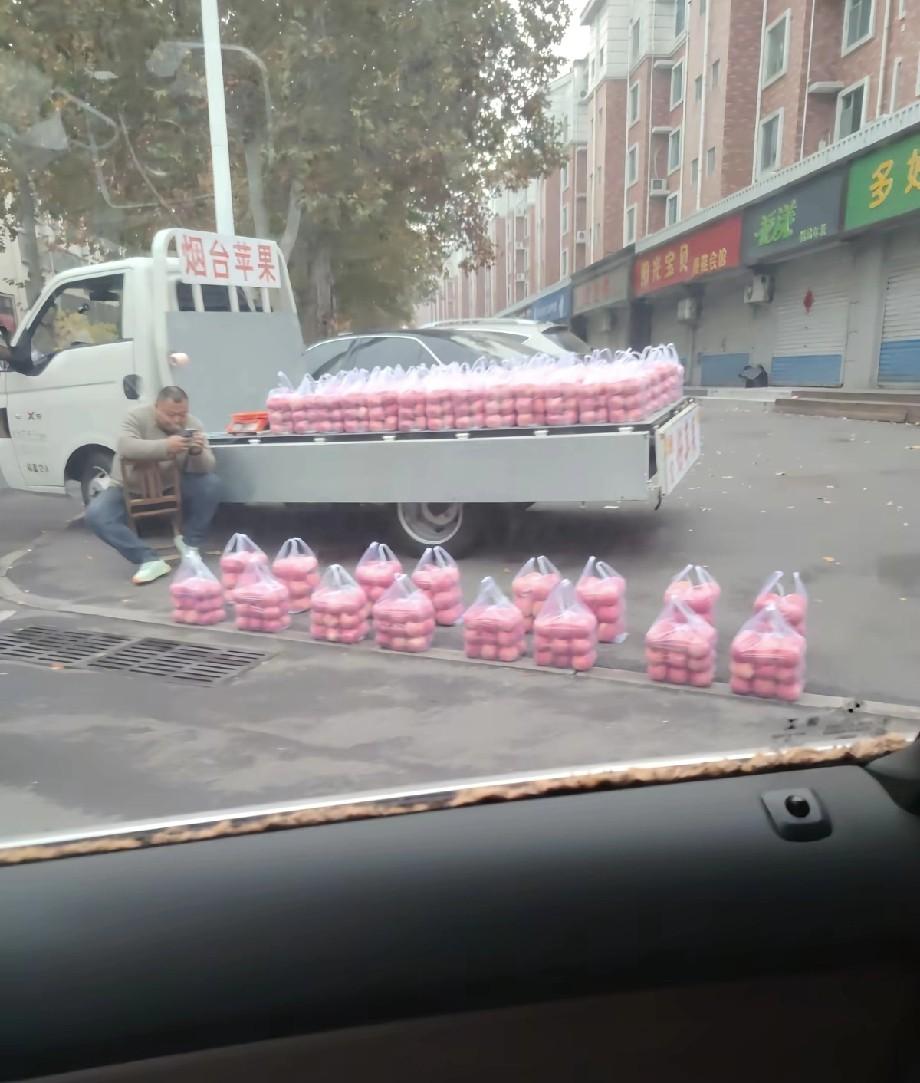 城南路口有个卖苹果的摊子，和其他摊子不太一样。苹果袋整整齐齐排成一排，打开看全是