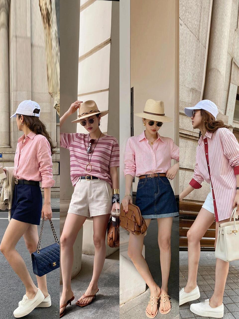 这样穿粉色减龄又气质！低饱和粉调衬衫和条纹T恤自带温柔滤镜，搭配米白/藏青/