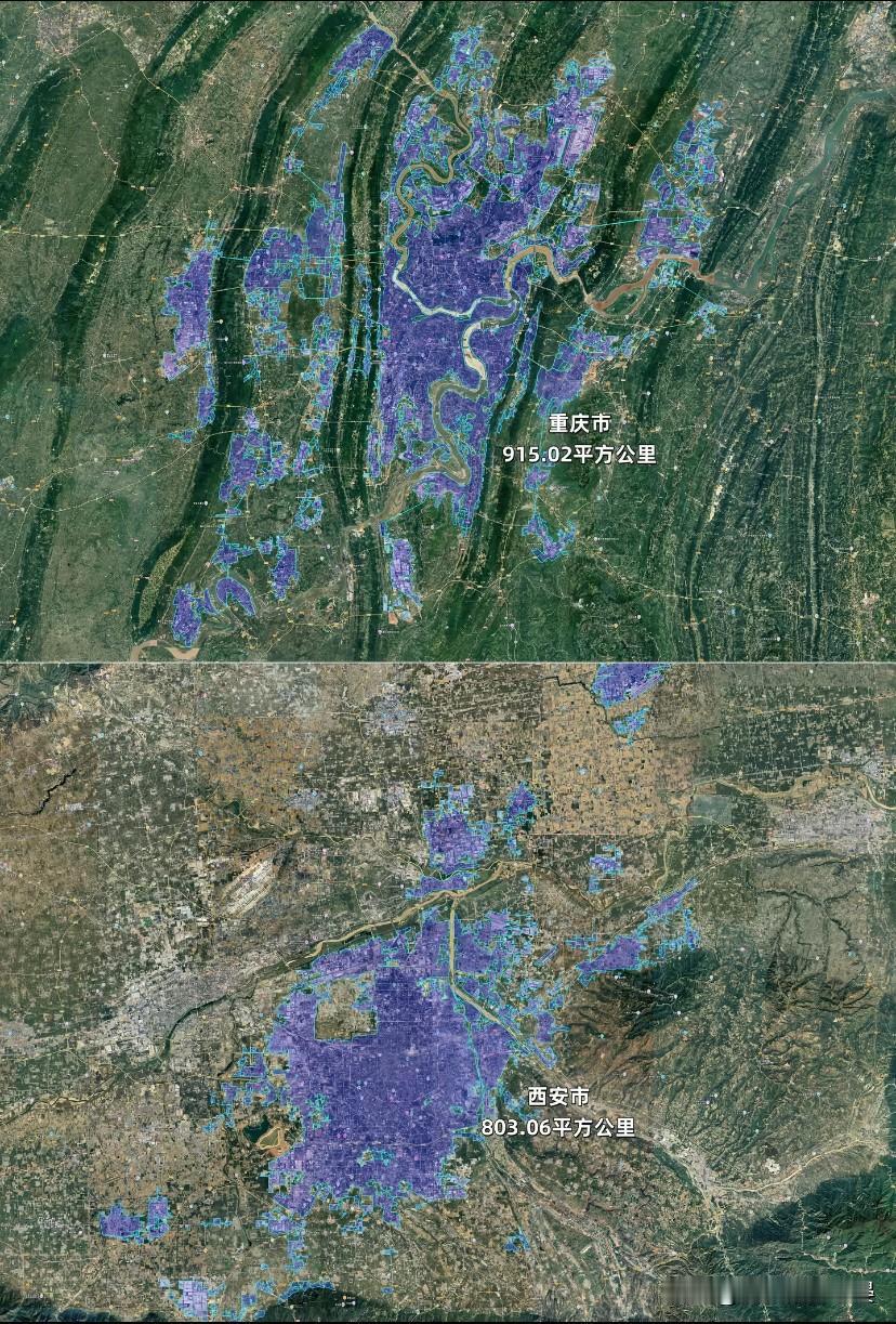 同比例视角对比，重庆建成区面积（915.02平方公里）大于西安（803.06平方