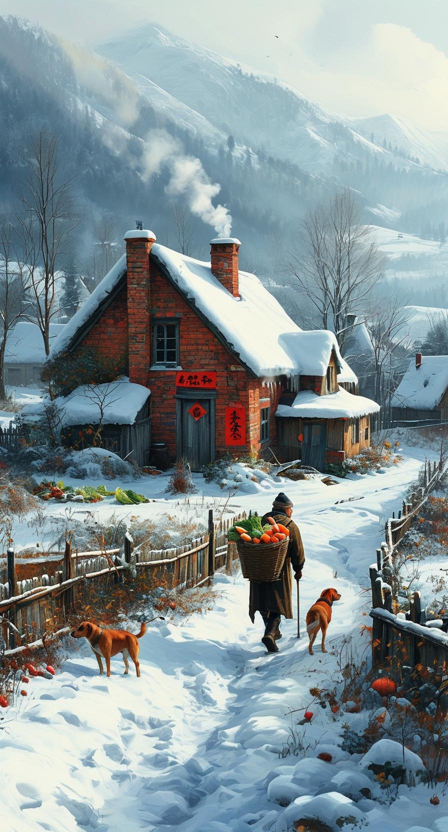 冬日生活打卡季一个冬日的乡村。红砖小屋静卧在雪白的世界中，屋顶和地面铺满了厚厚的