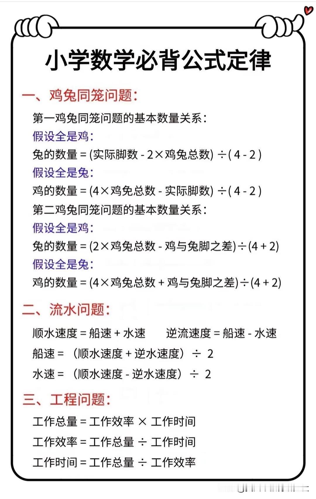 【小学数学公式定律🔥大全】小学数学公式定律、重点知识点总结，必考考点知识点总