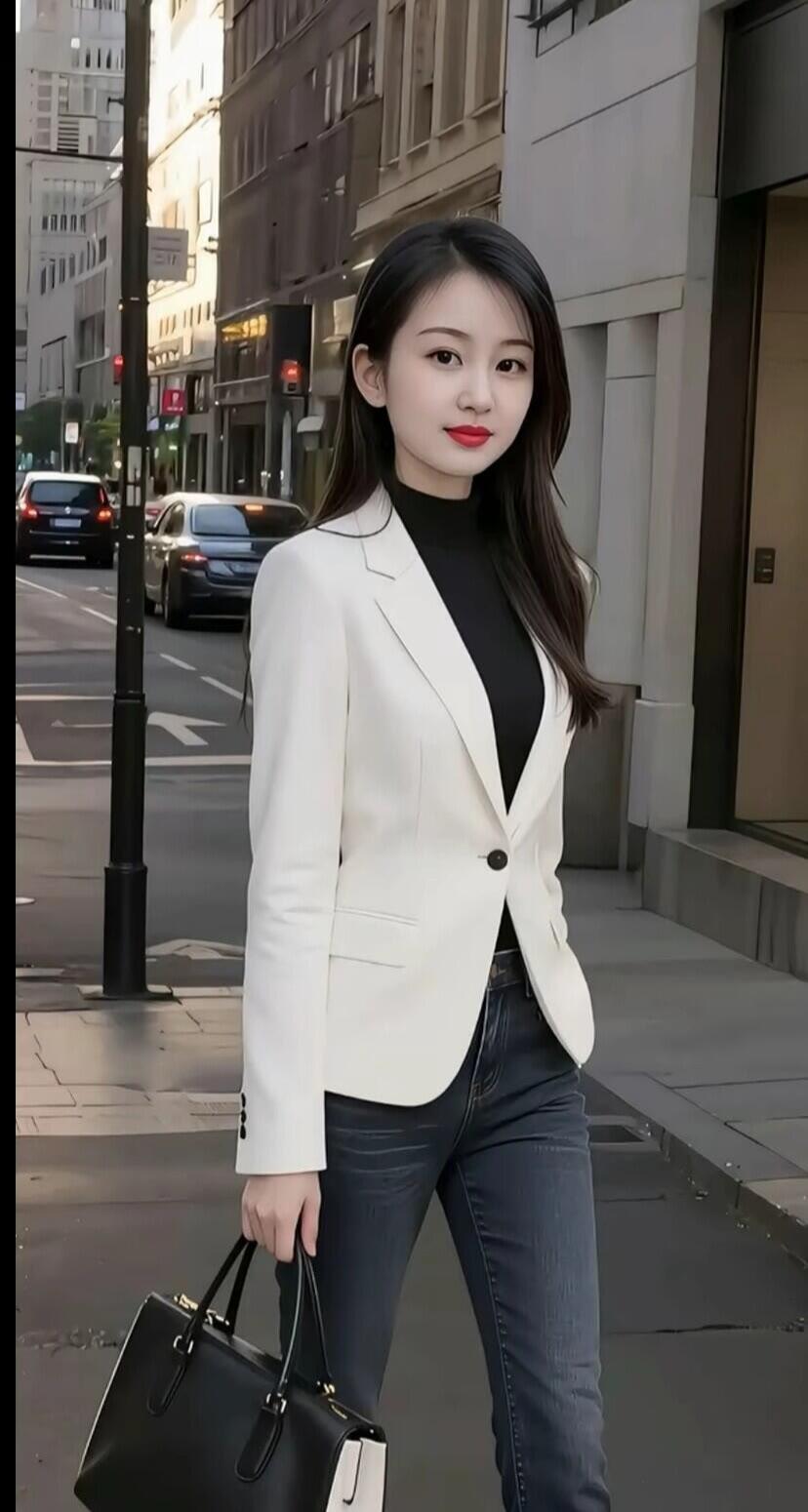都市女郎穿搭指南：白色西装外套+黑色高领衫+牛仔裤，手提包点缀，自信满满！