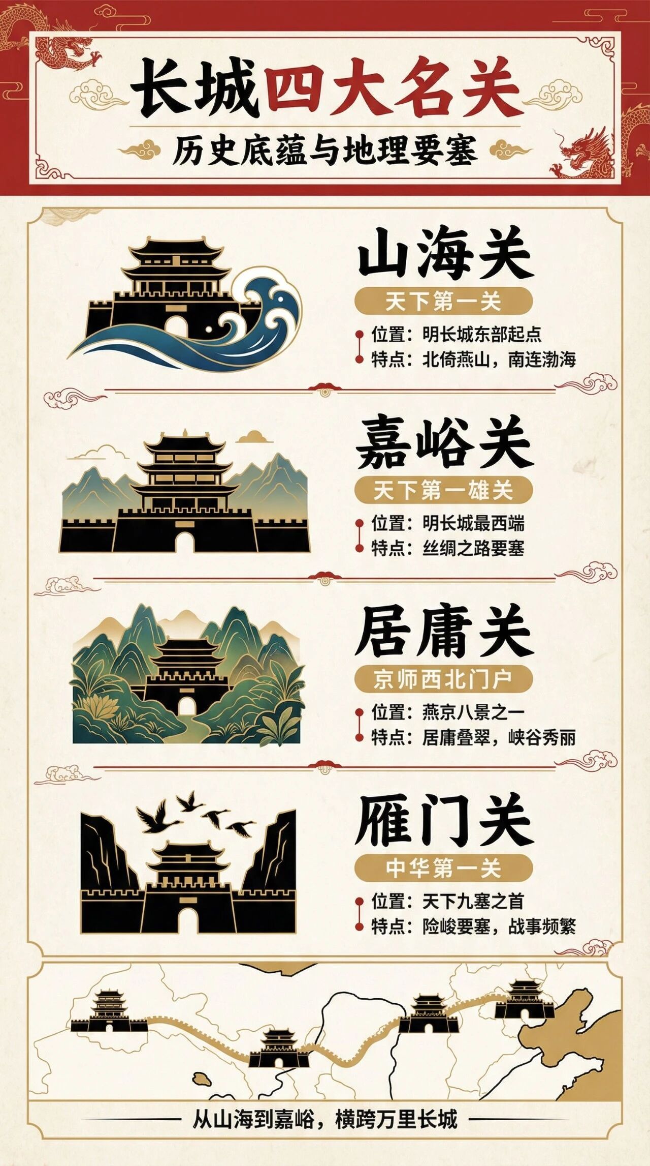 长城四大关：山海、嘉峪、居庸、雁门日记记录这四个关口因其独特的地理位置和深厚的历