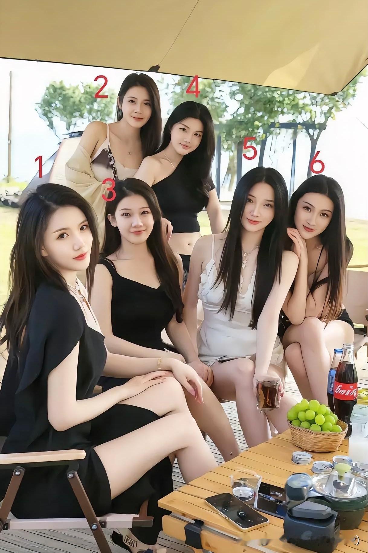 一群单身美女在户外聚会，享受美好时光。不许撒谎，只能追求一位，你会追求几号？美