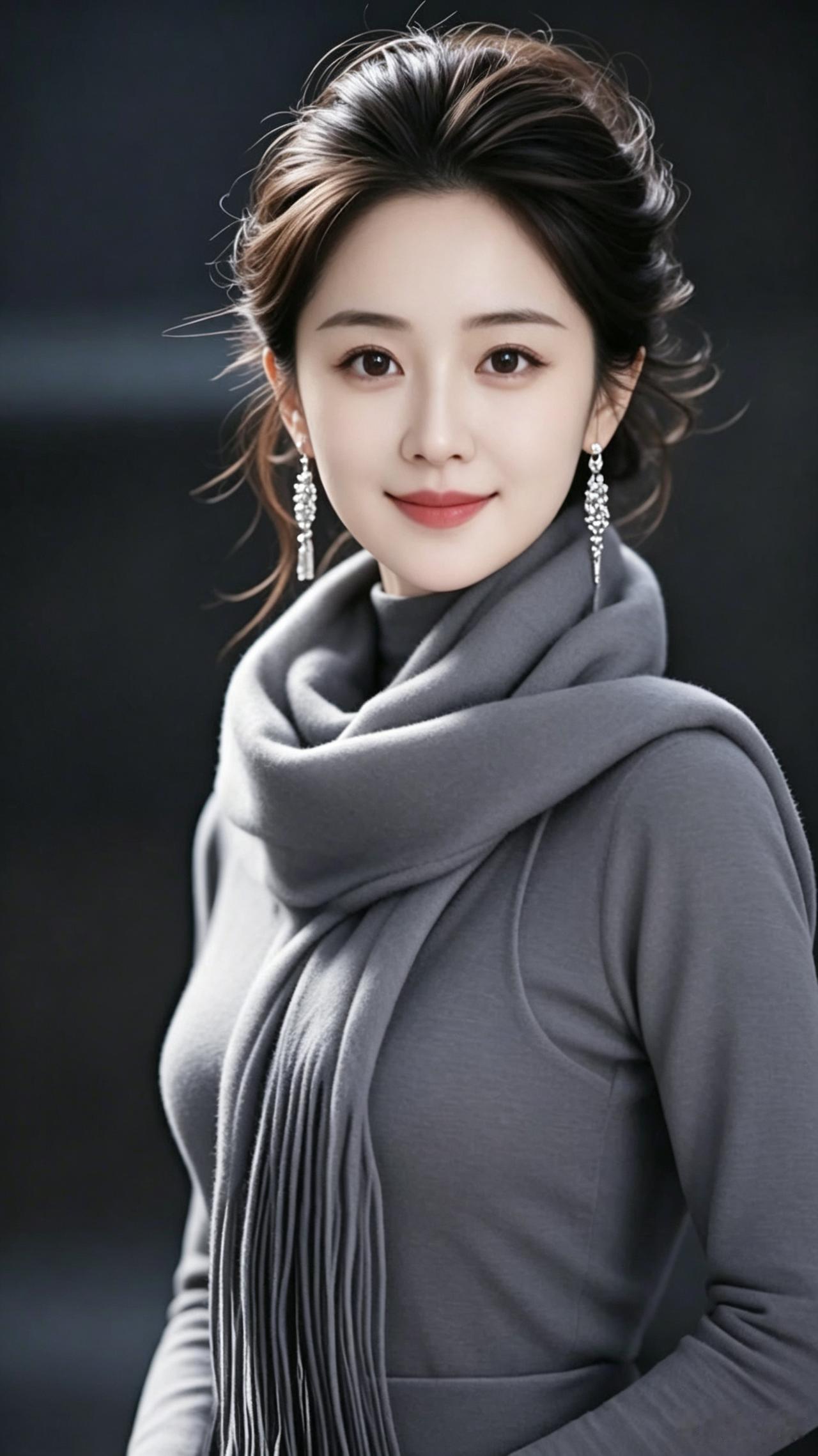 素衣温婉灰衫轻裹静容香，素带长巾韵悠长。眉眼藏情含浅笑，清姿雅态胜浓妆。淡