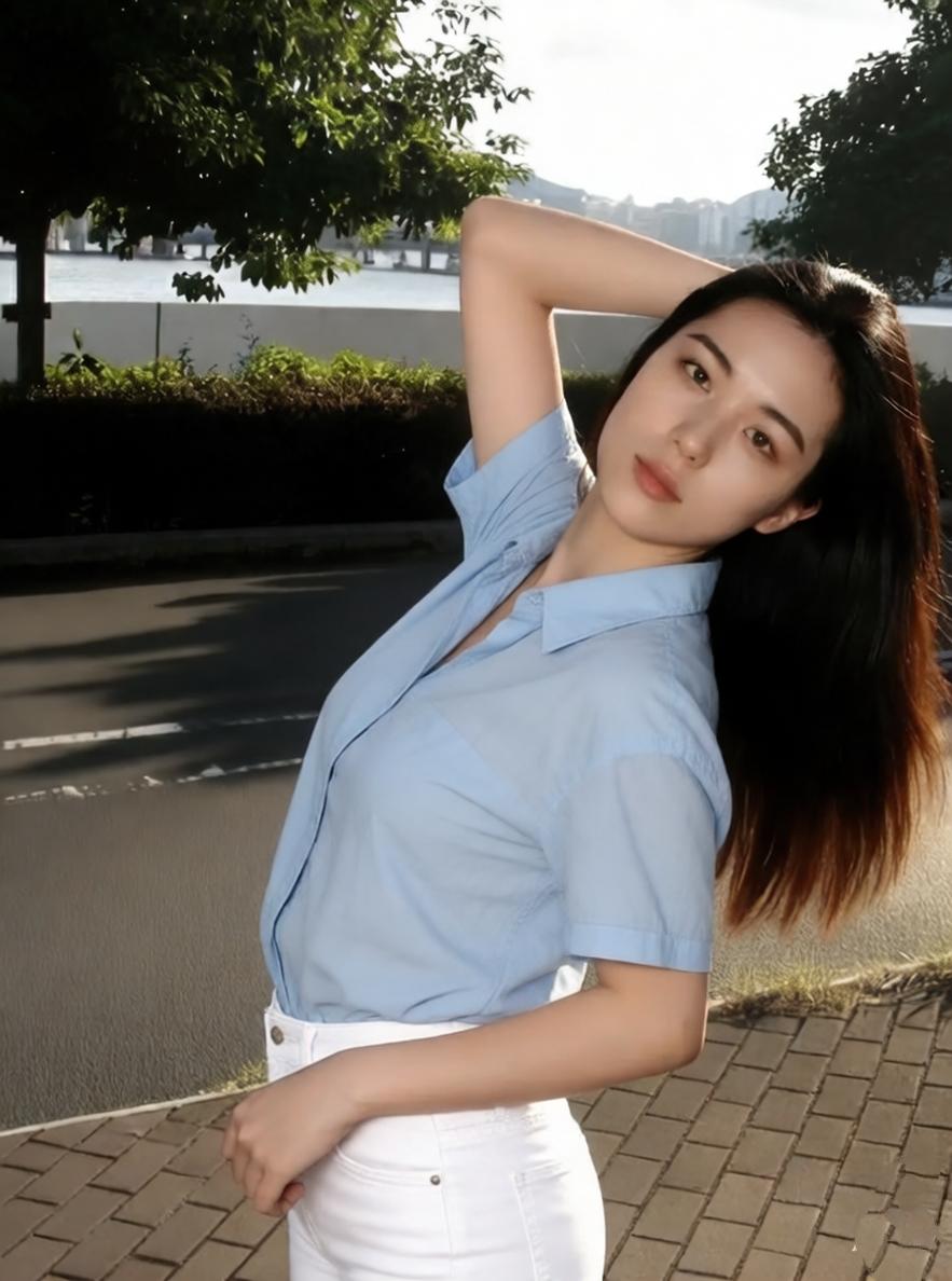 蓝衫拂风姿，白裤映日辉。