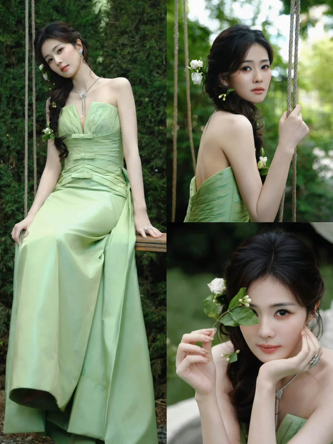 白鹿追剧团第三套！绿裙秋千好氧气美