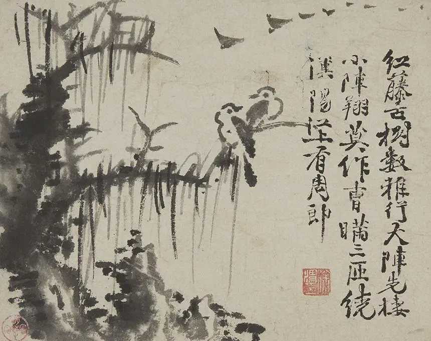 明徐渭大写意。徐渭是在人生的后半程才开始集中执笔绘画的，在此之前他同诸多画家已