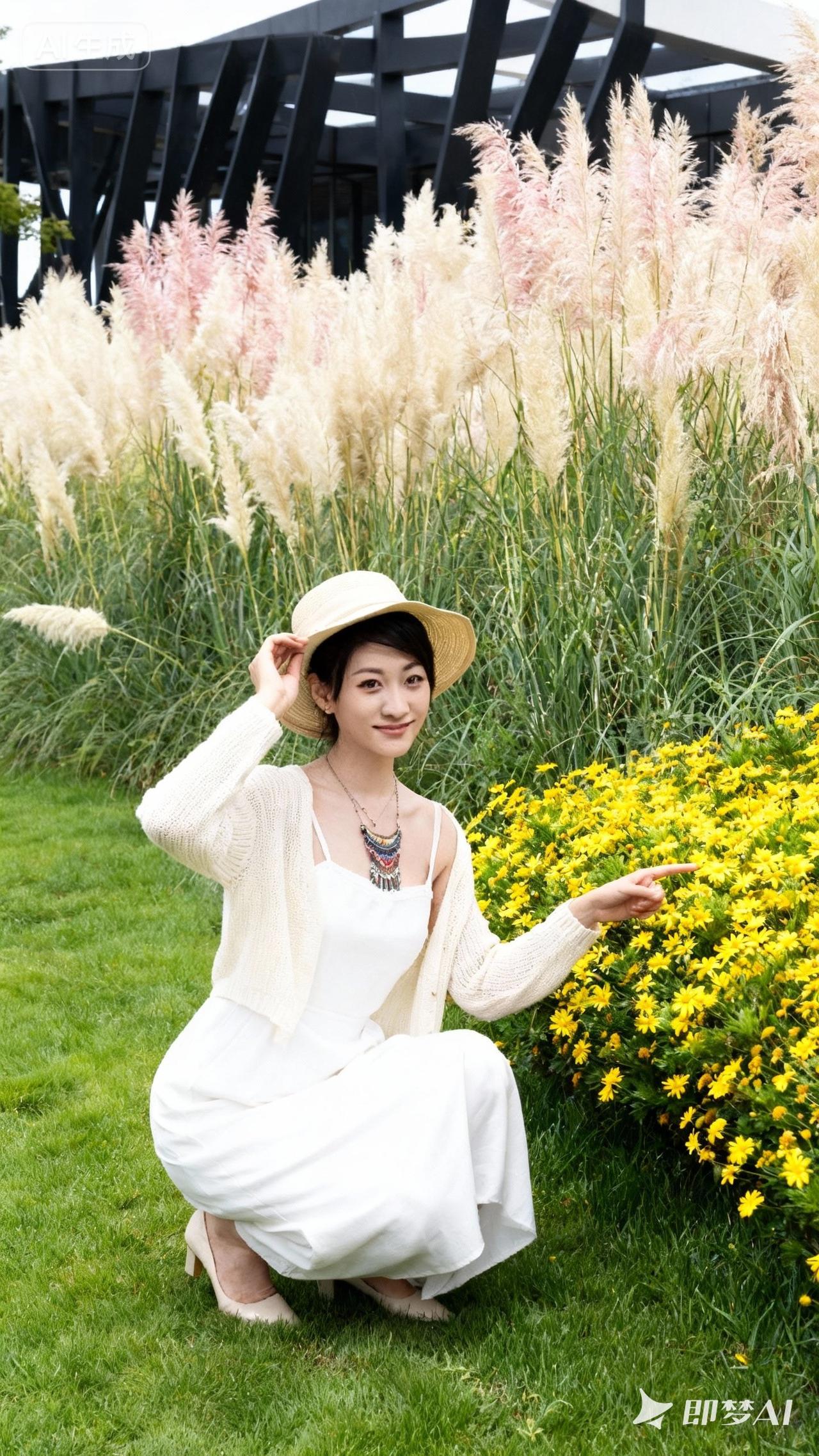 夏日清新穿搭，白色连衣裙搭配草帽，与自然融为一体。