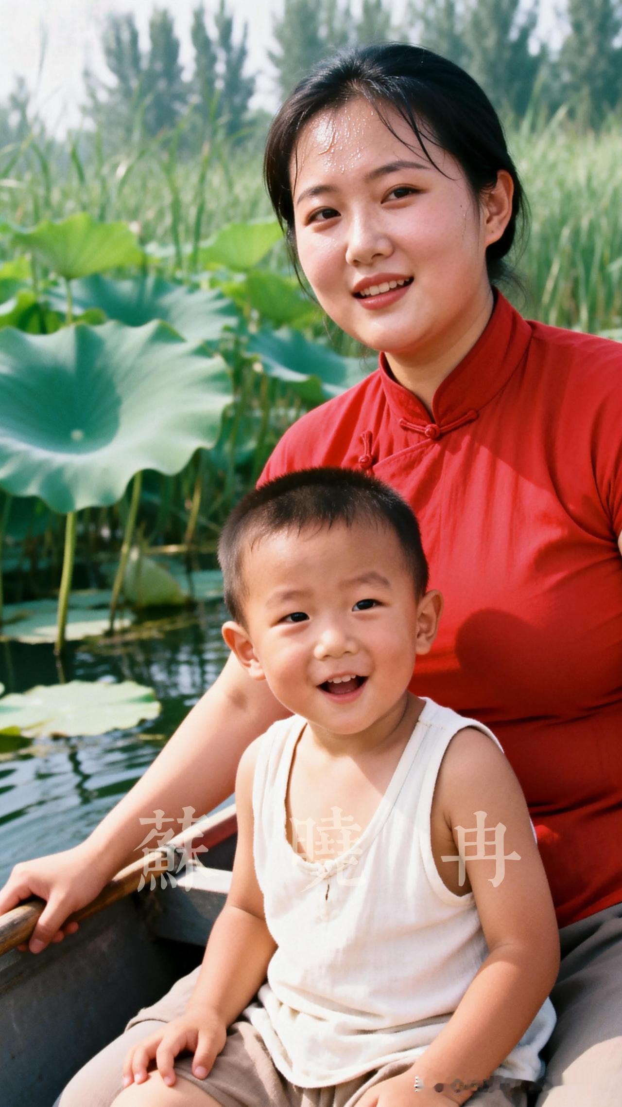 夏日的水乡，一湾碧水映着连天的苇草与荷花。红衣女子摇着木桨，带着孩子向娘家的方向