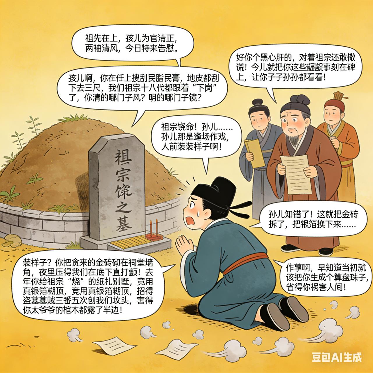 古代贪官搞笑段子某贪官在清明节去祭祖，对着祖坟哭诉：“祖先在上，孩儿为官清正