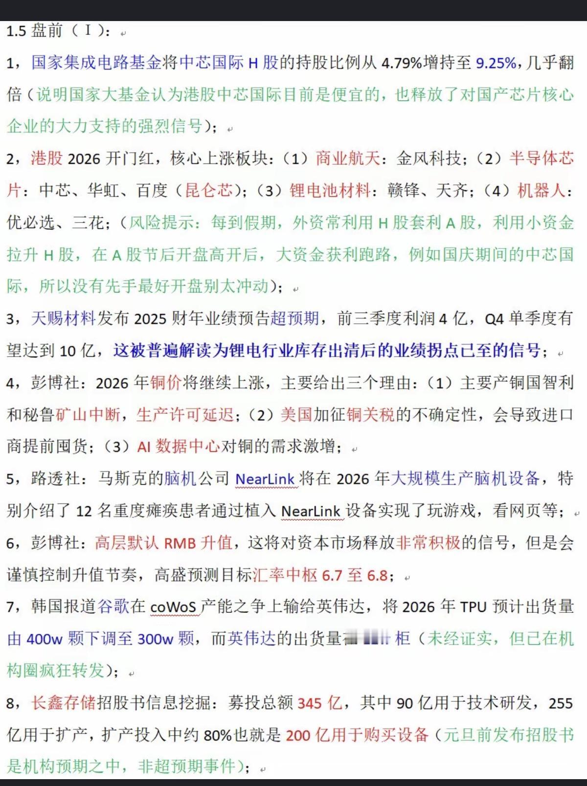 1.5周一盘前财经热点汇总！1.国家大基金对中芯国际H股增持！2.港