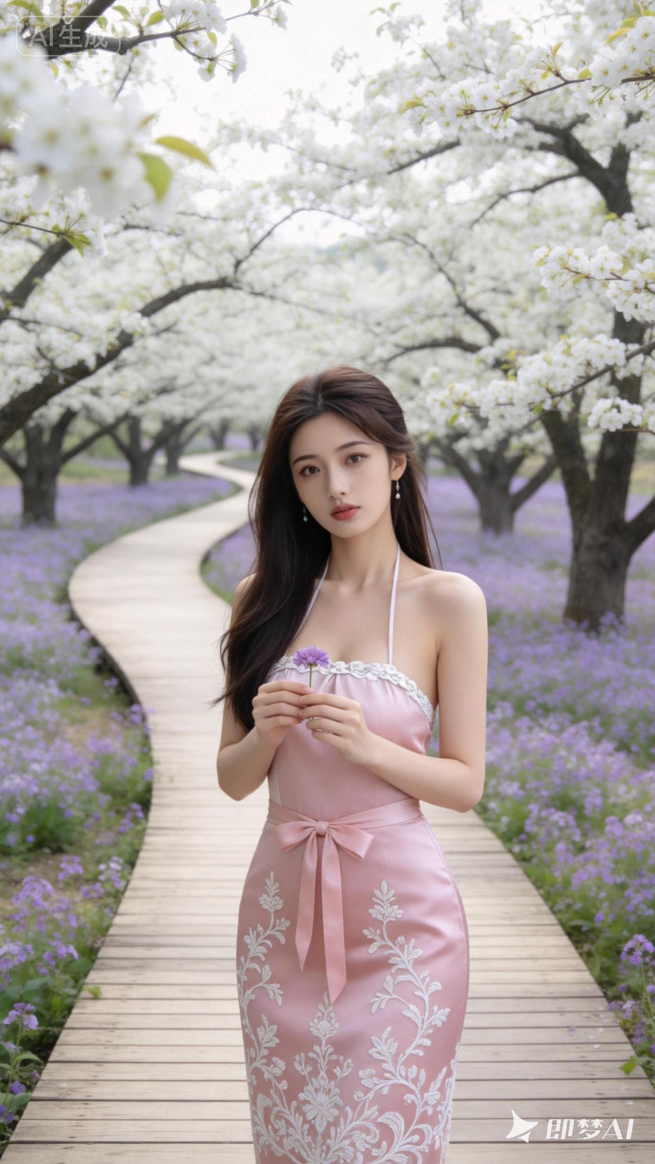 樱花树下，粉裙少女，春日浪漫