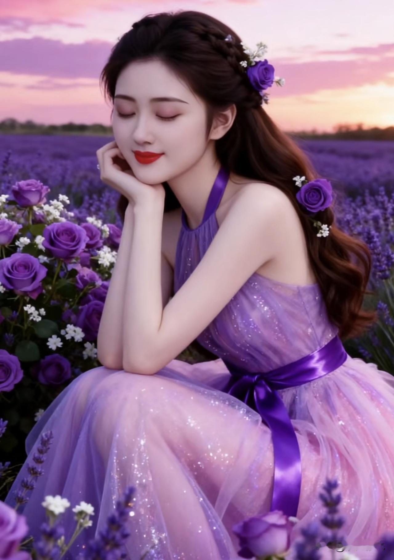 梦幻紫色花海，少女与玫瑰的浪漫邂逅紫色小花海紫色花海氛围照玫粉色玫瑰紫色花