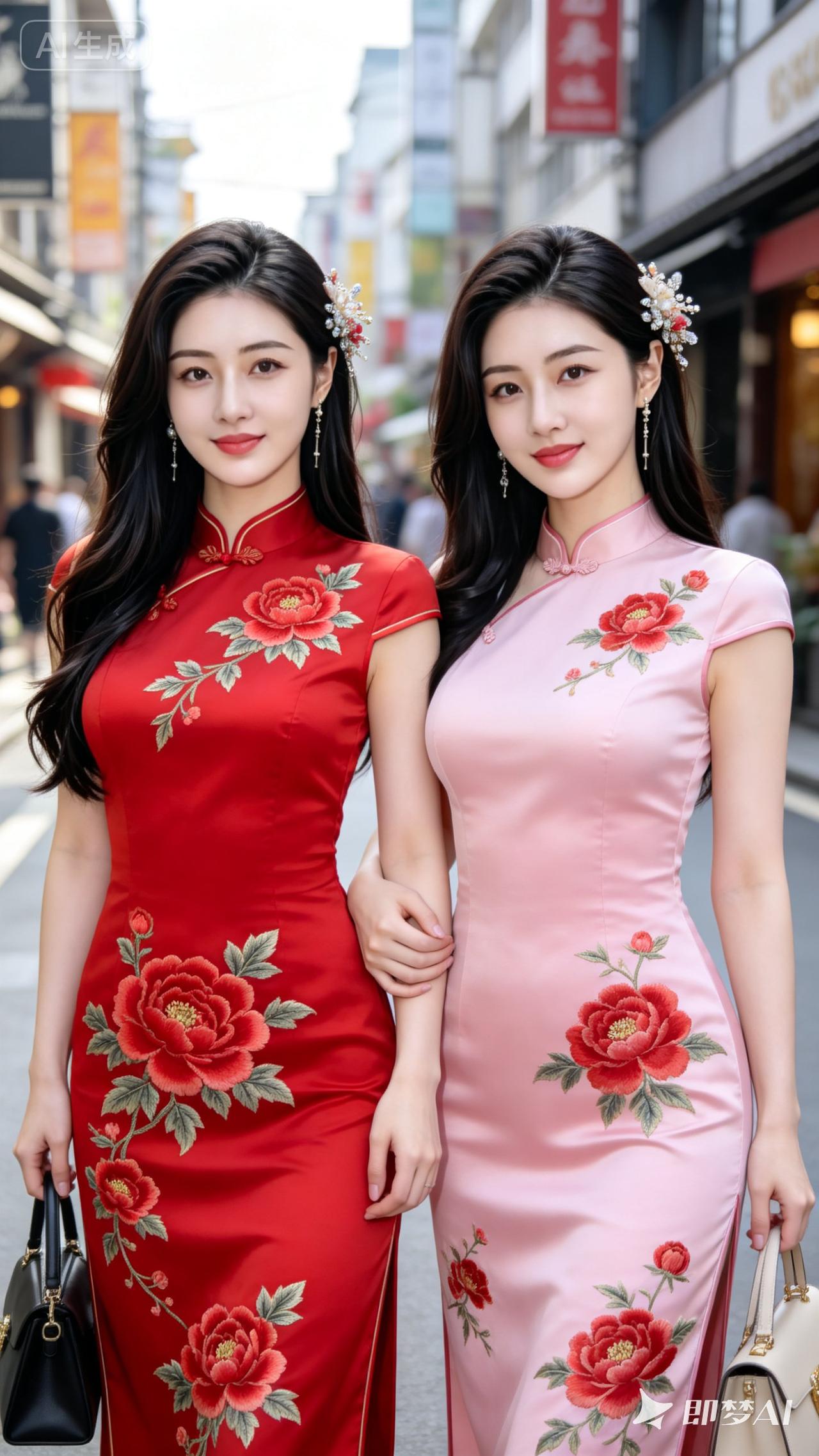 姐妹花手牵手，旗袍秀惊艳街头！🌸💃🏻