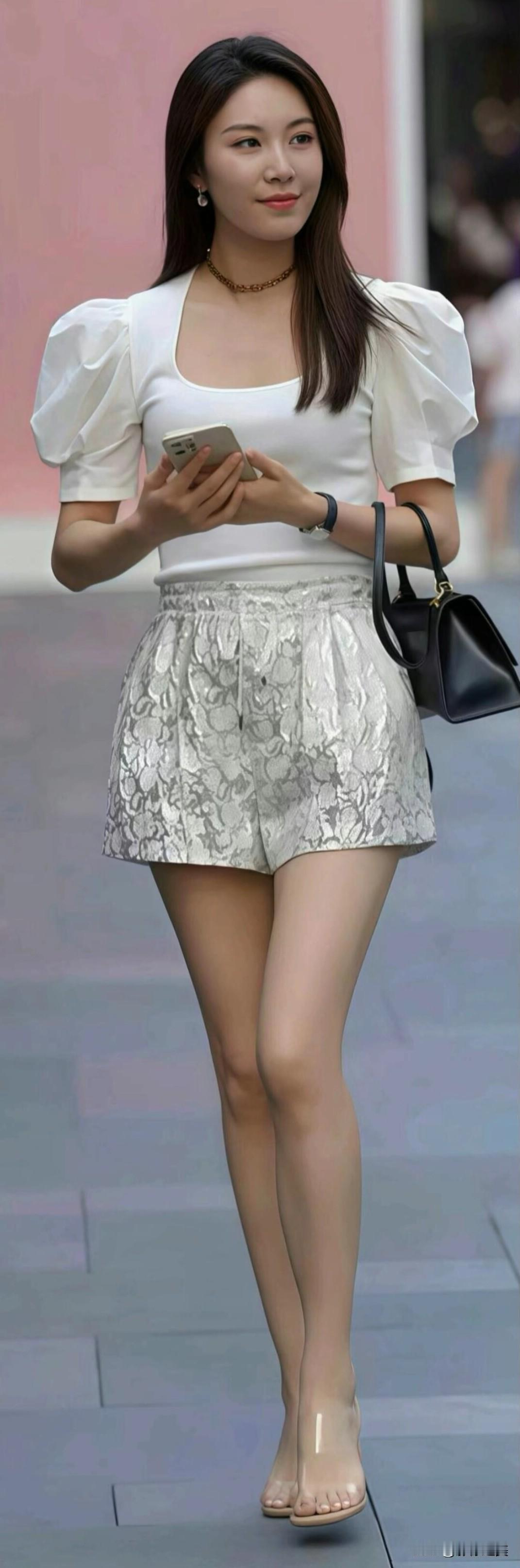 白色泡泡袖上衣温柔又俏皮，搭银色亮面印花短裤超亮眼，简约配饰加分，日常出街自带氛
