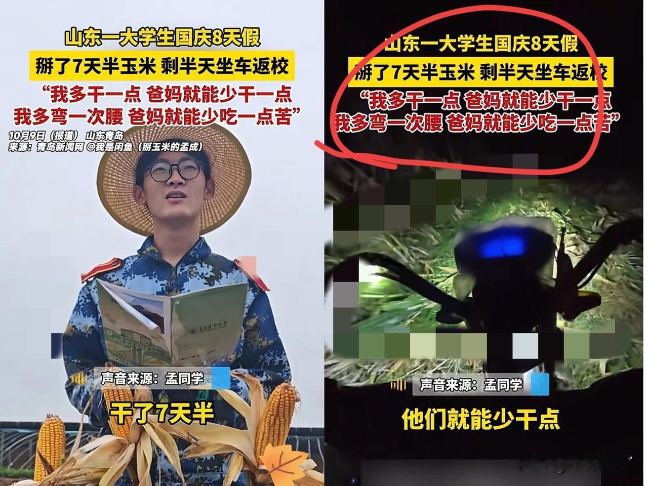 山东青岛农业大学的一名大一男生，趁着国庆放假8天回家，因为父母在街上摆摊卖水果，
