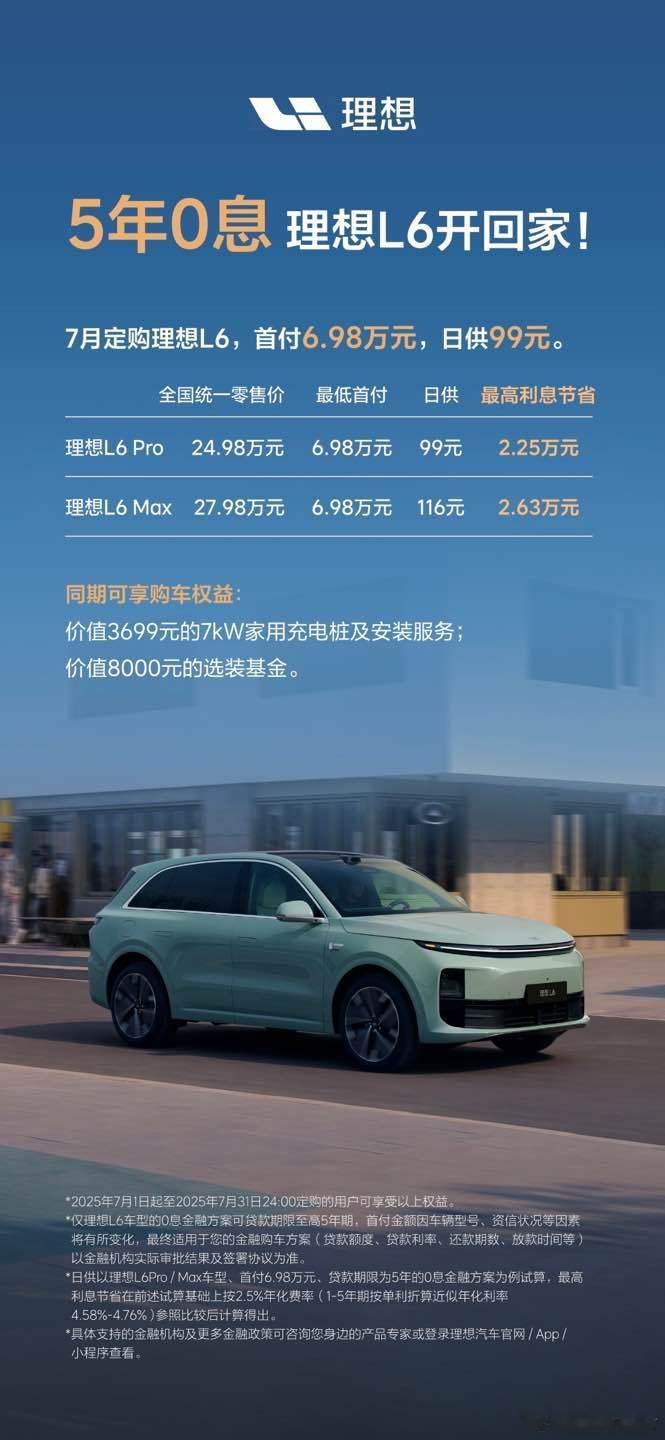 5年0息金融政策的含金量大家都懂吧！7月1日-7月31日，定购理想L6，首付6.
