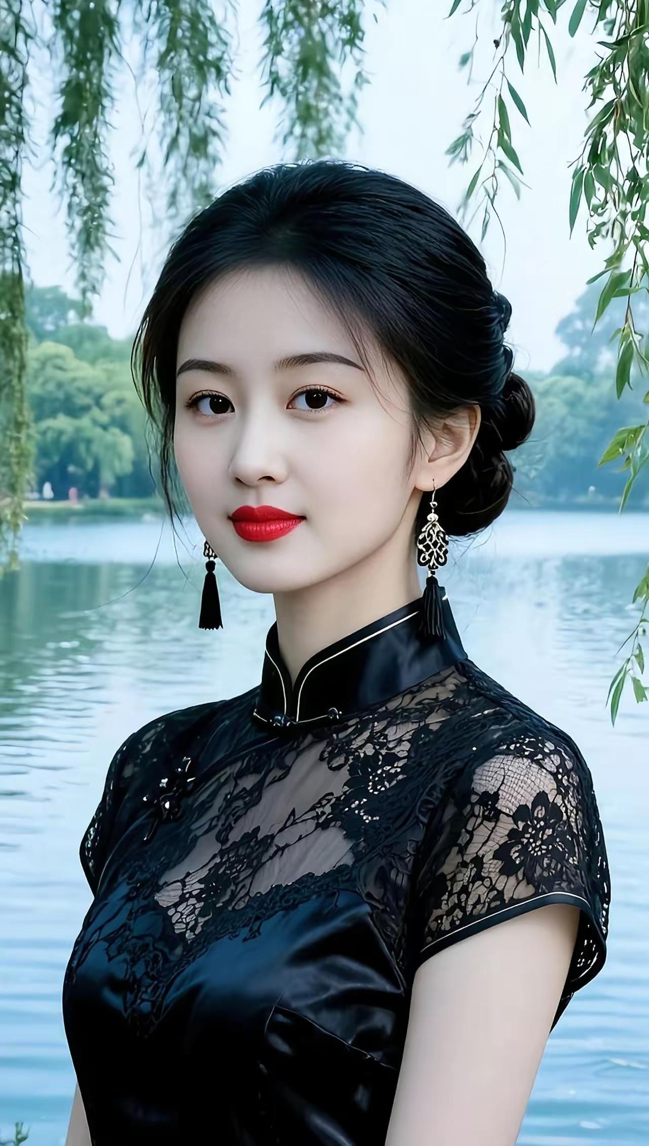 优雅黑裙，红唇惊艳，湖畔倩影，古典韵味