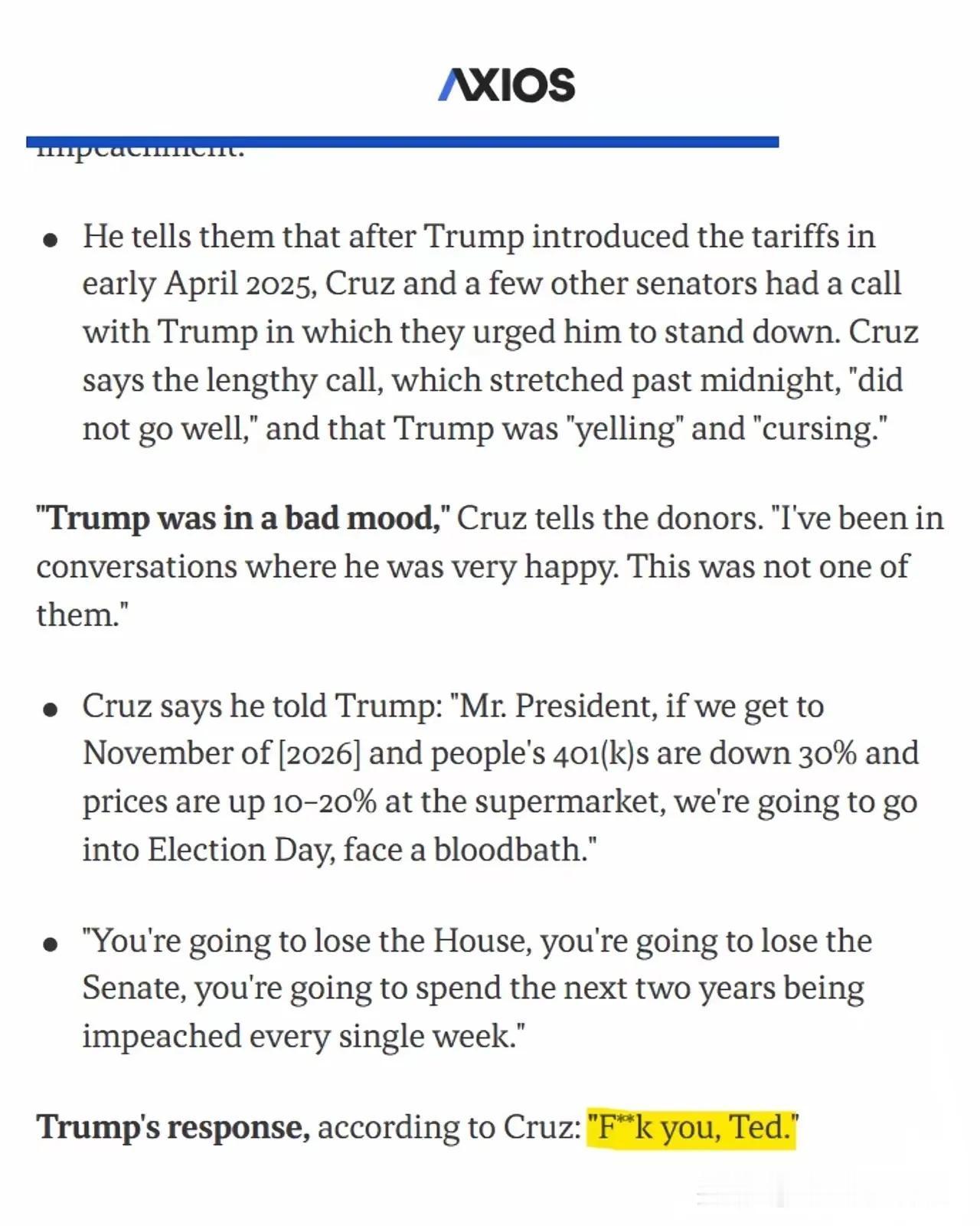 “你们将失去众议院，失去参议院，接下来两年你们每周都将被弹劾”，共和党参议员泰德