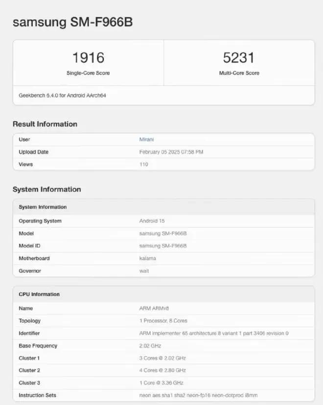 三星GalaxyZFold7全球版现身Geekbench:单核跑分2896