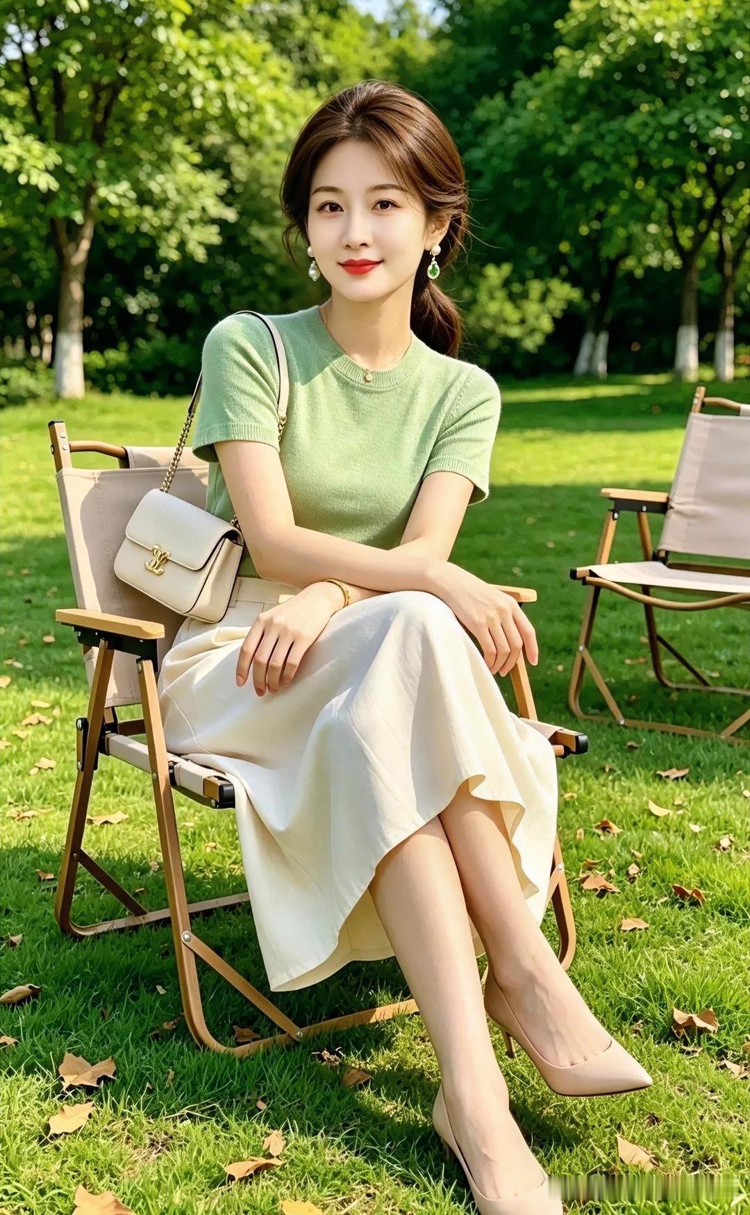【现代散文诗·绿茵闲坐】浅绿针衫配米白长裙，温柔如初夏微风；折扇椅上，珠