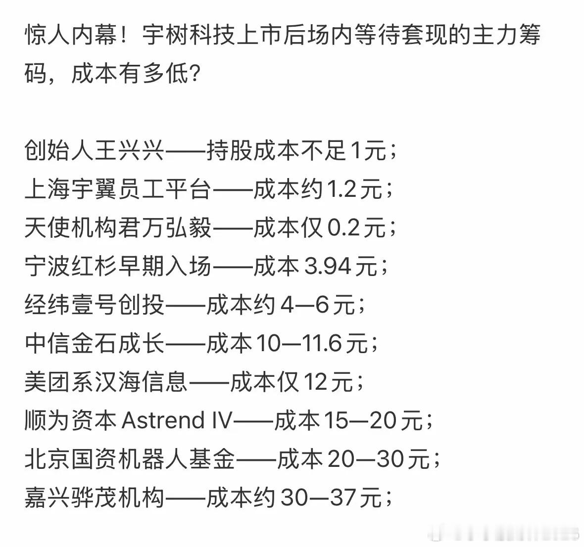 看到宇树科技十大股东原始股的成本，惊出一身冷汗，哪怕宇树科技就算跌到一块钱一股，