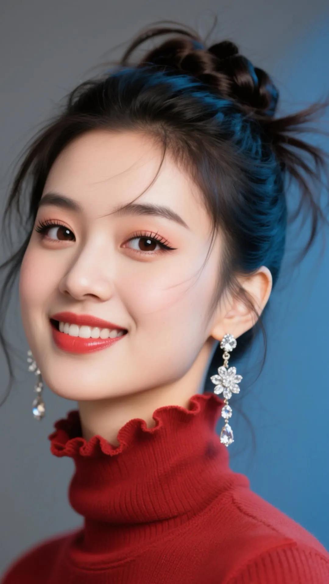 甜美微笑，红衣配饰，优雅迷人！😊✨