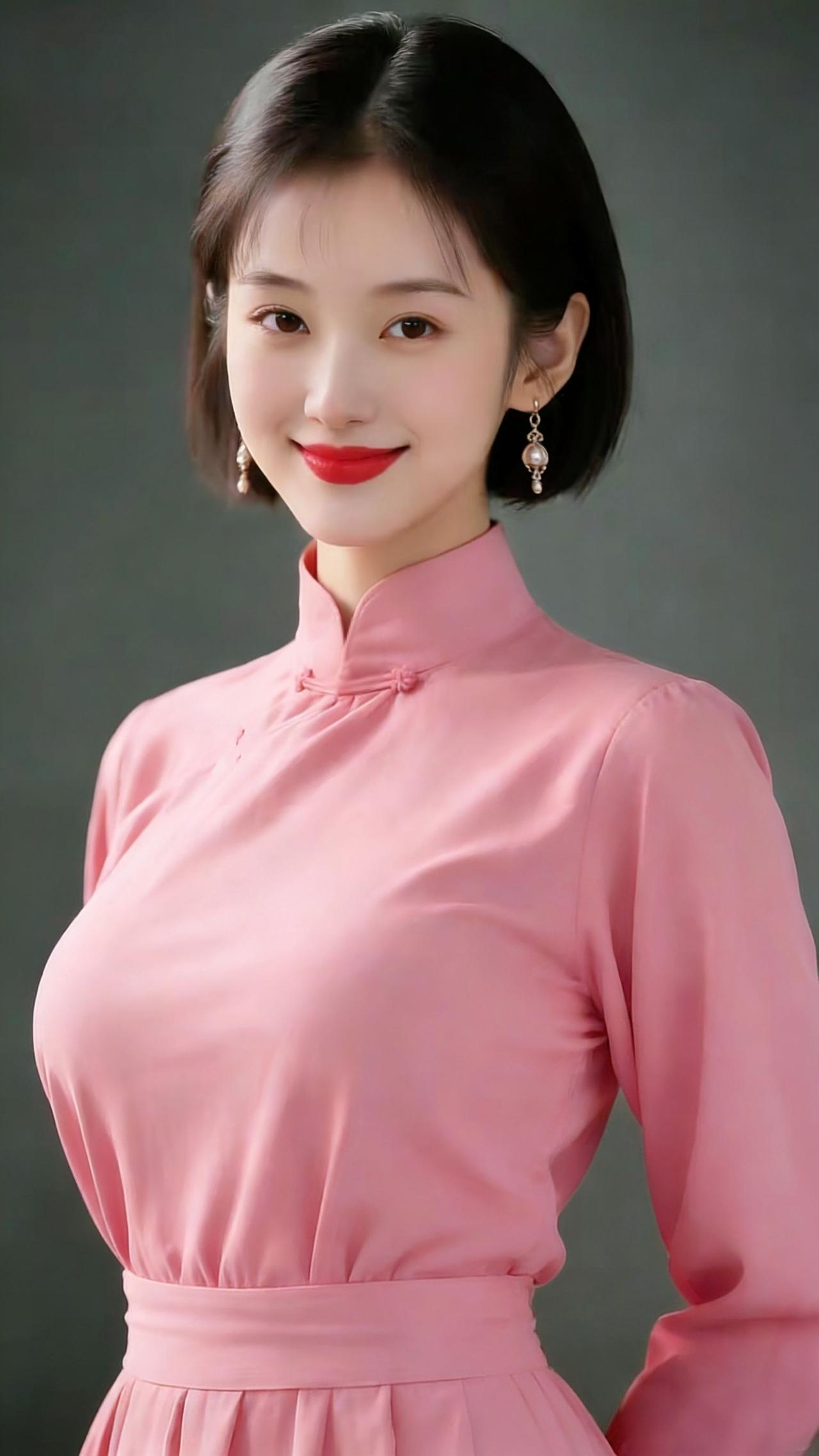 《粉襟蕴柔风》浅粉衣装如揉开的春雾，盘扣轻缀出温雅的韵，衣料裹着舒展的松弛