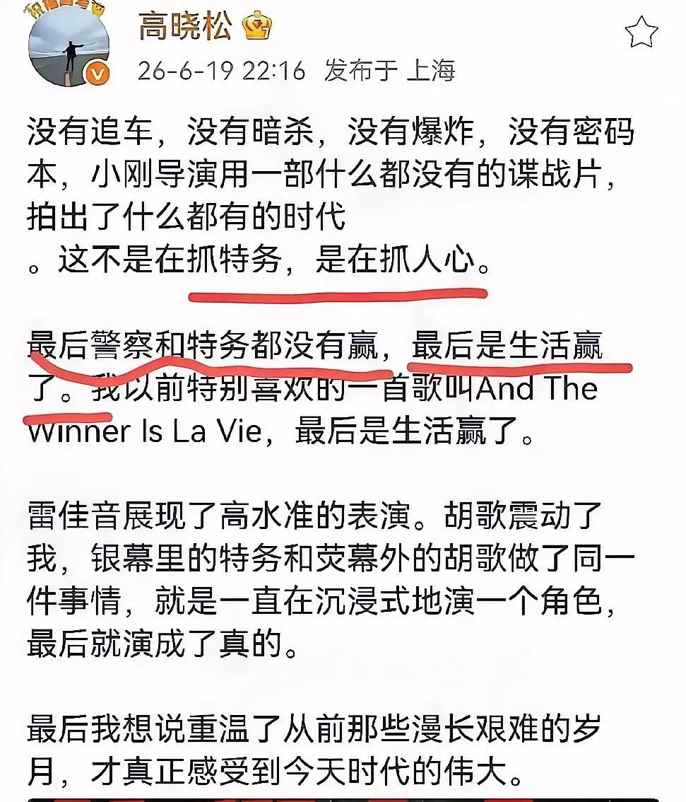 当高晓松和胡锡进同时站台，这部谍战片的问题就藏不住了首先 两个人舆论标签高度对