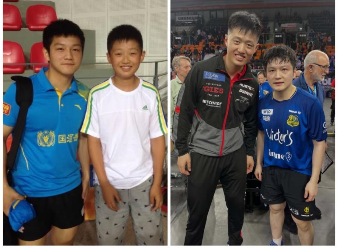 孟凡博晒和樊振东12年前后合照同样也在打德国杯的孟凡博在不久前的德国杯比赛中