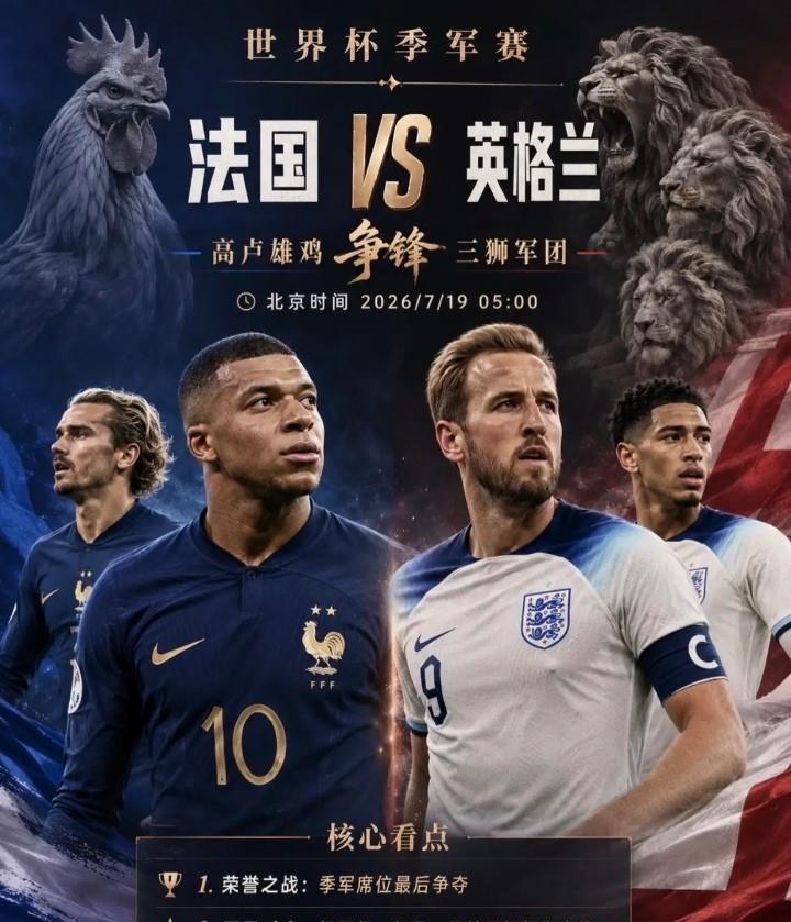 法国大面积轮换！2026世界杯季军战法国VS英格兰赛前预测赛事：三四名决
