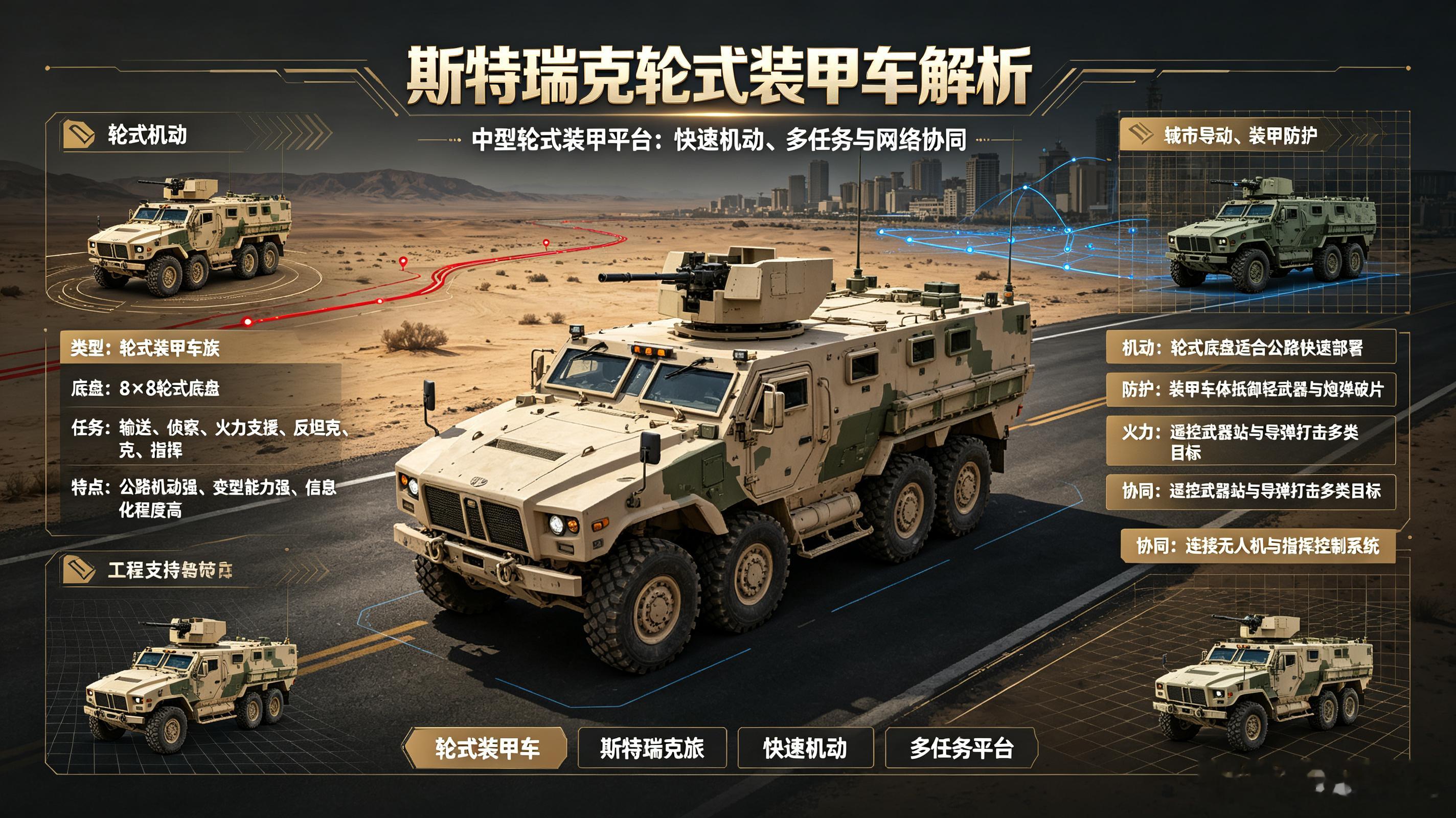 斯特瑞克轮式装甲车，美军中型轮式装甲平台。8×8底盘兼顾公路机动与多任务能力，可