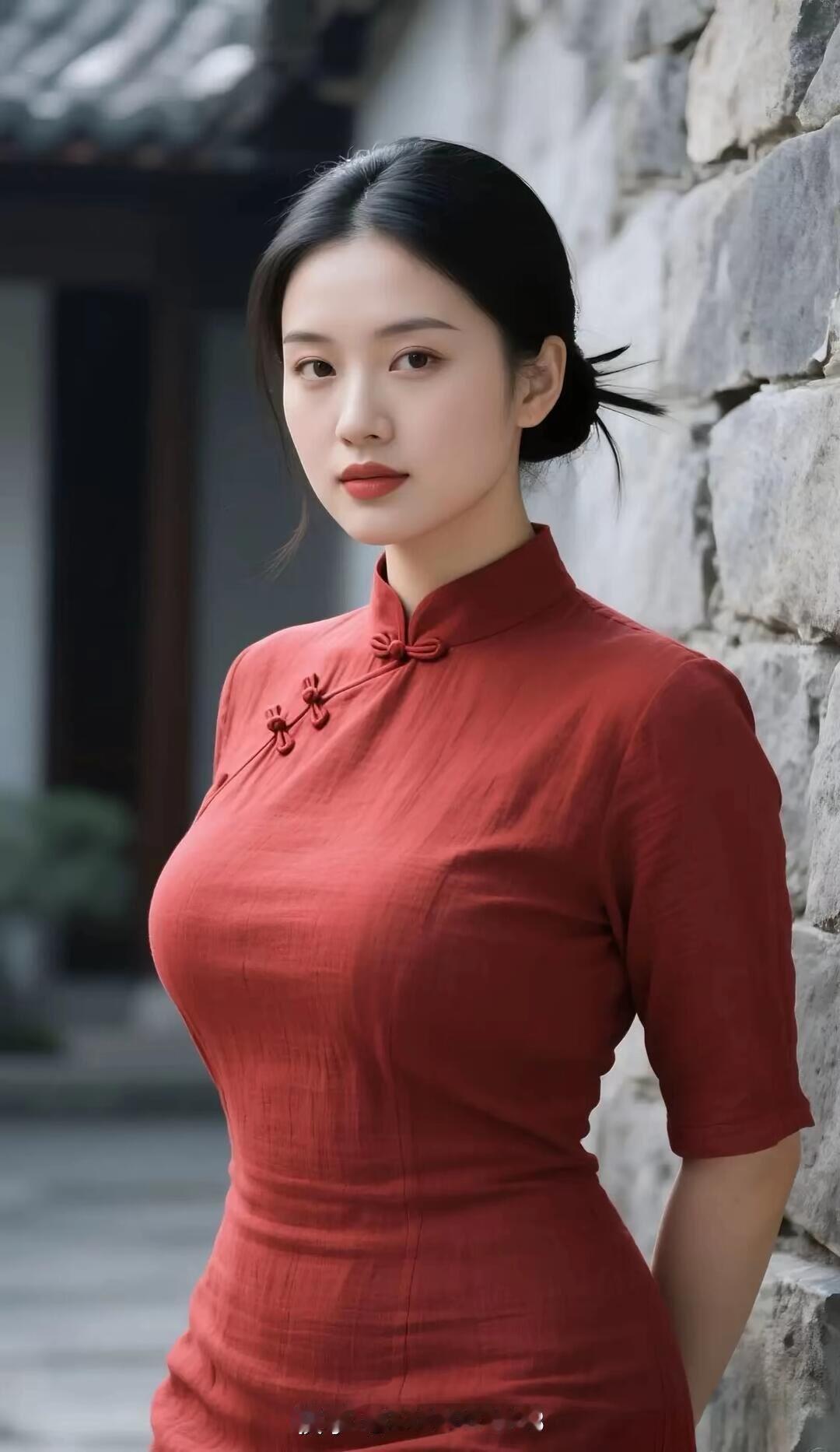 红衣少女倚石墙，古典韵味扑面来。